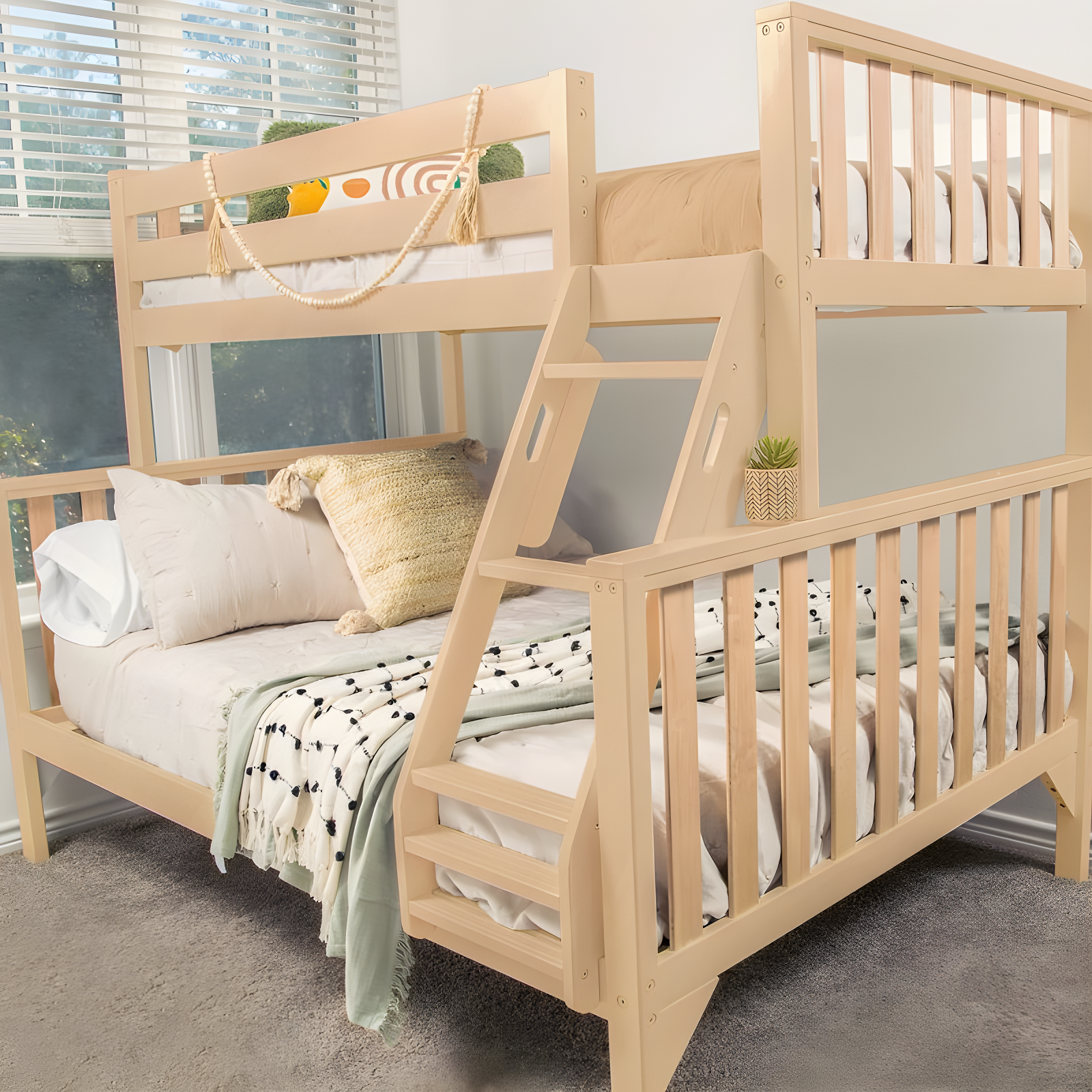 Blonde Pine Twin Over Full Bunk Bed with Headboard