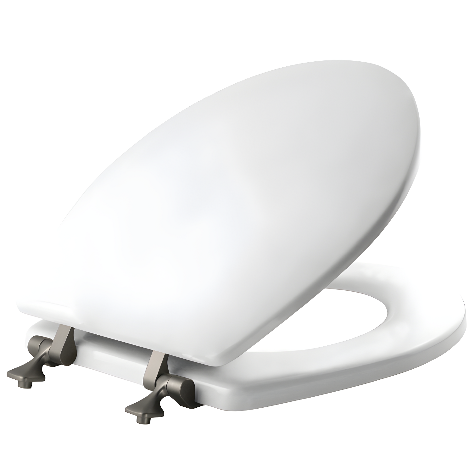 White Round Enameled Wood Toilet Seat with Brushed Nickel Hinges