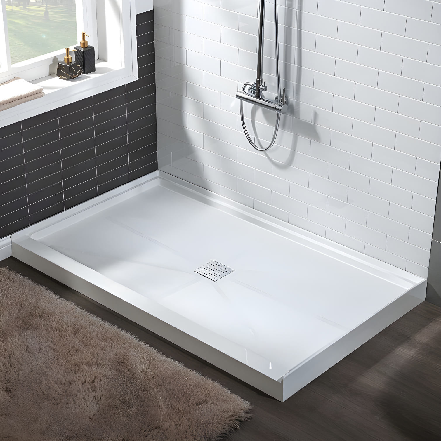 60" White Solid Surface Rectangular Shower Pan with Center Drain