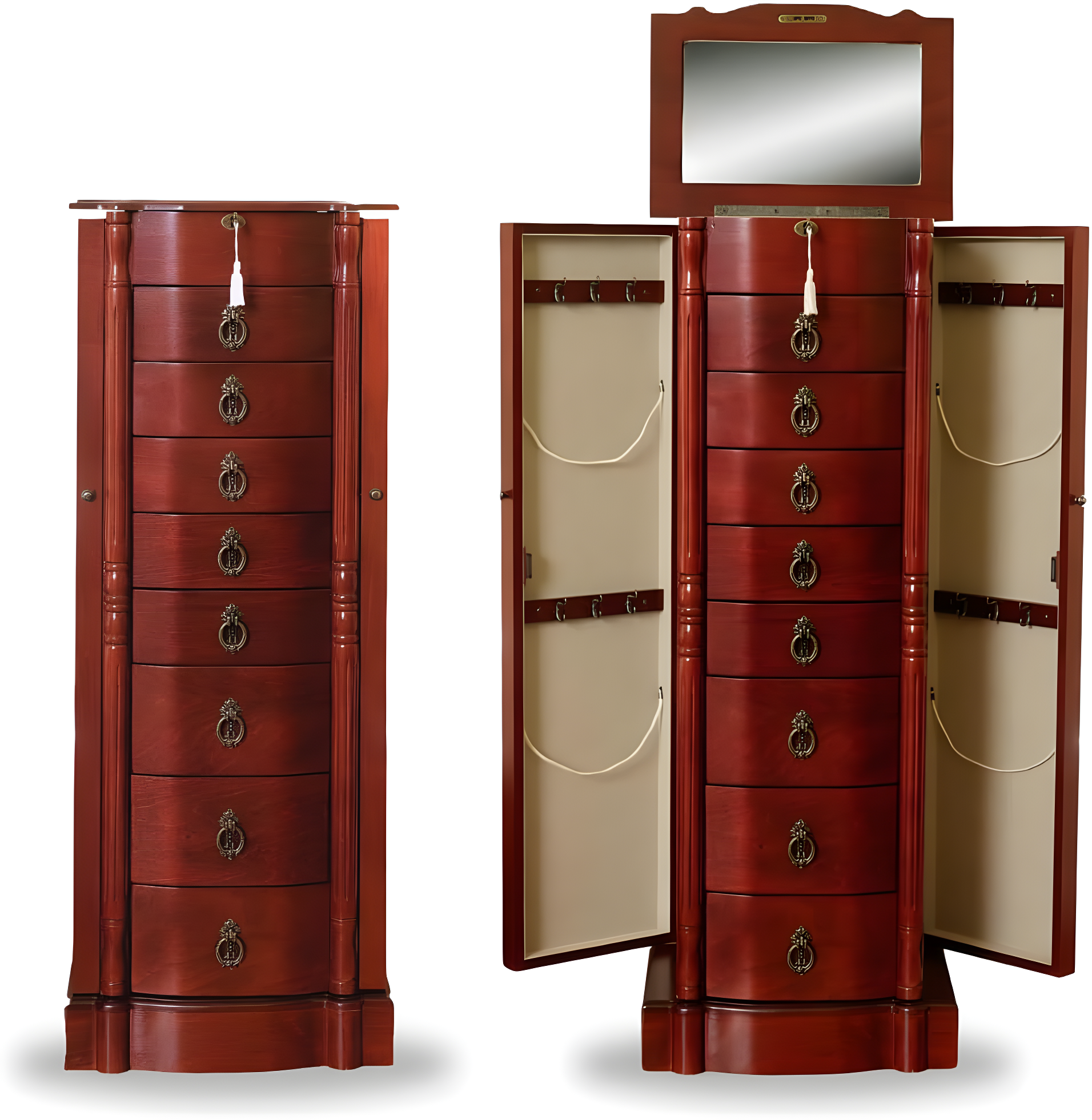 Cherry Wood Antique Style Locking Jewelry Armoire with Mirror