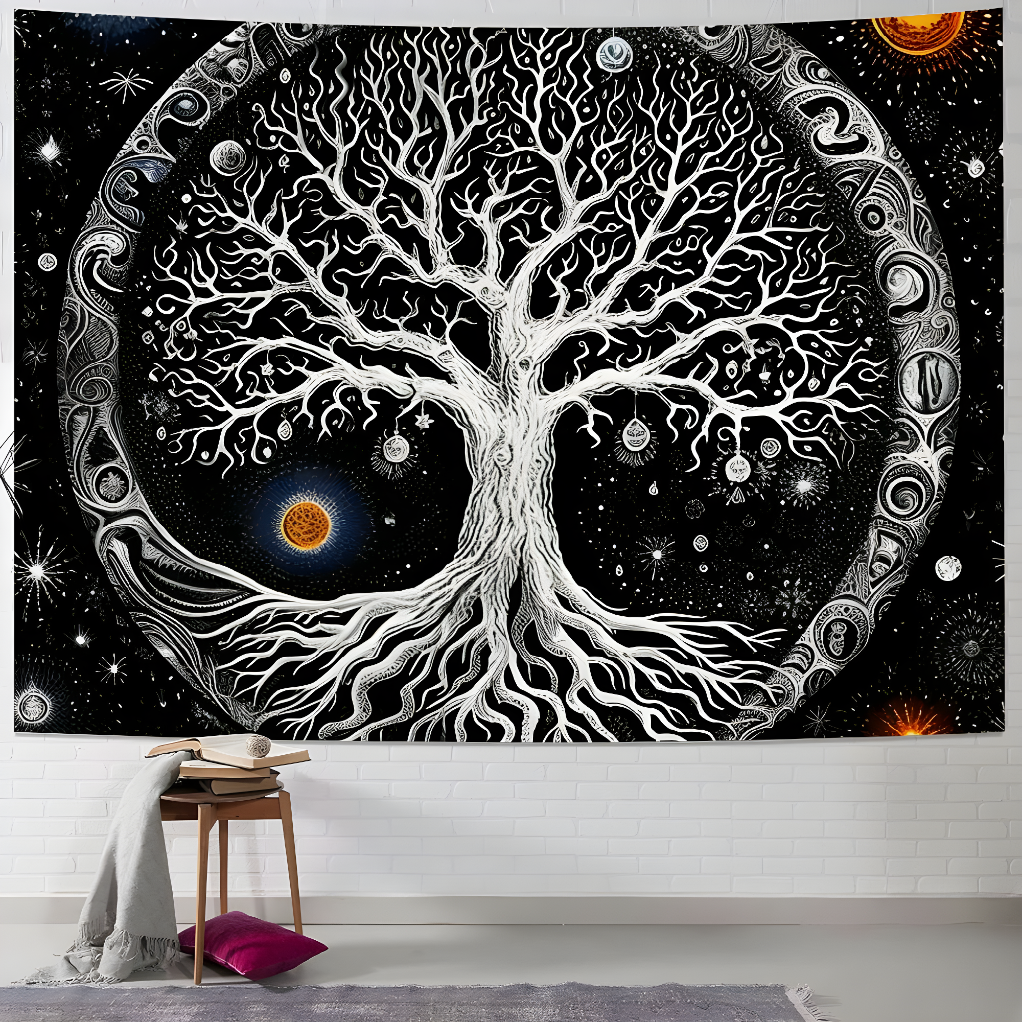 Black and White Tree of Life Psychedelic Tapestry