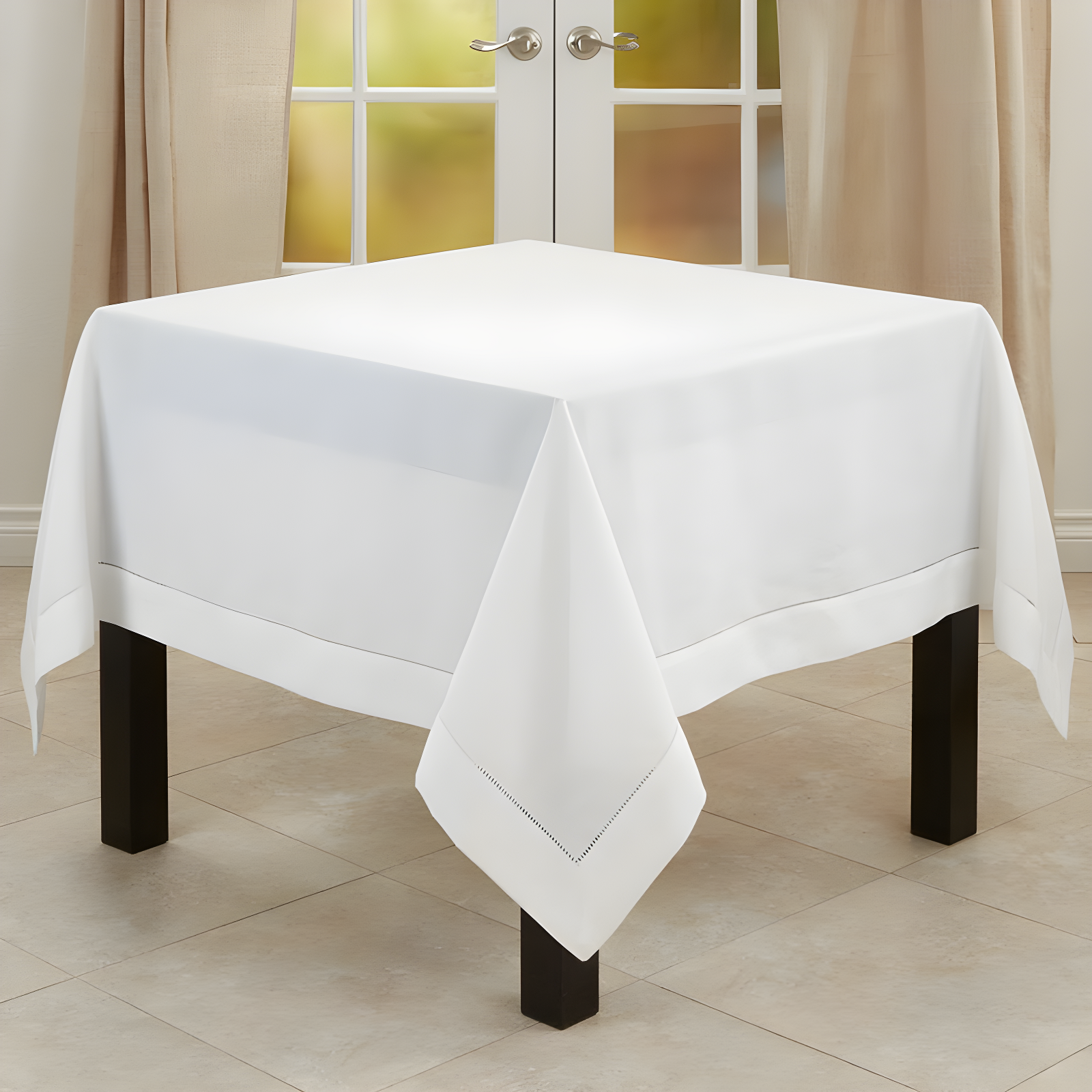 White Hemstitch Border Square Polyester Tablecloth