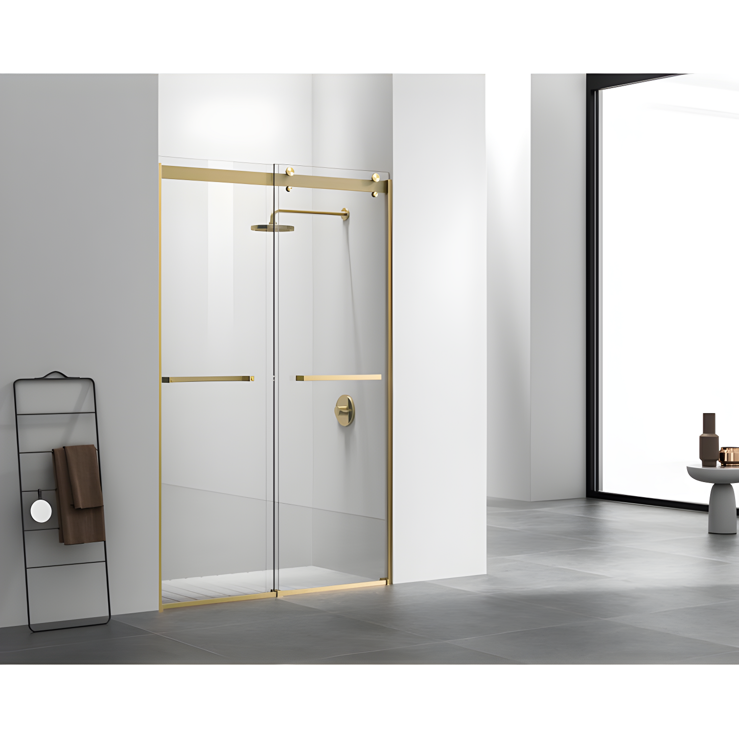 48" Gold Frameless Double Sliding Shower Door with Tempered Glass