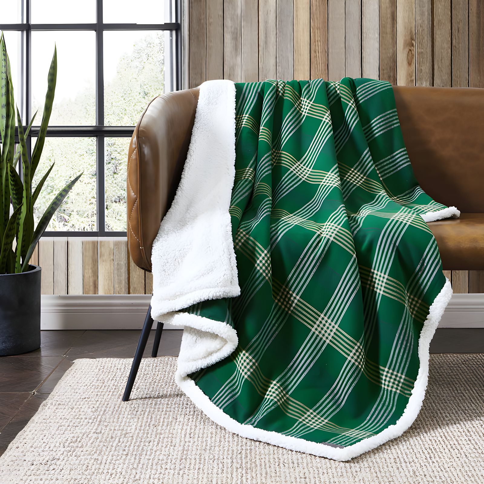 Green Plaid Reversible Sherpa and Cotton Throw Blanket