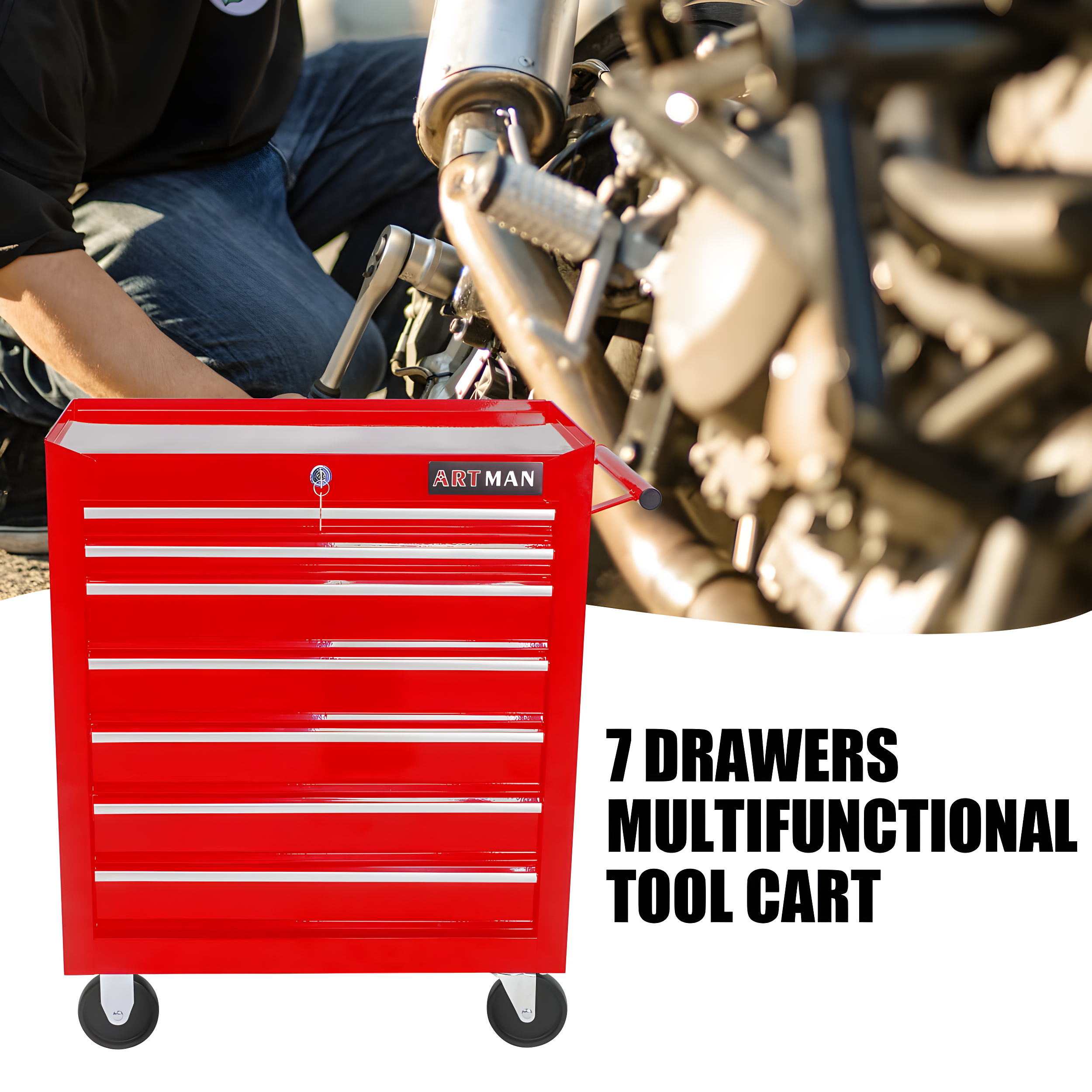 Red 7-Drawer Rolling Lockable Steel Tool Cart