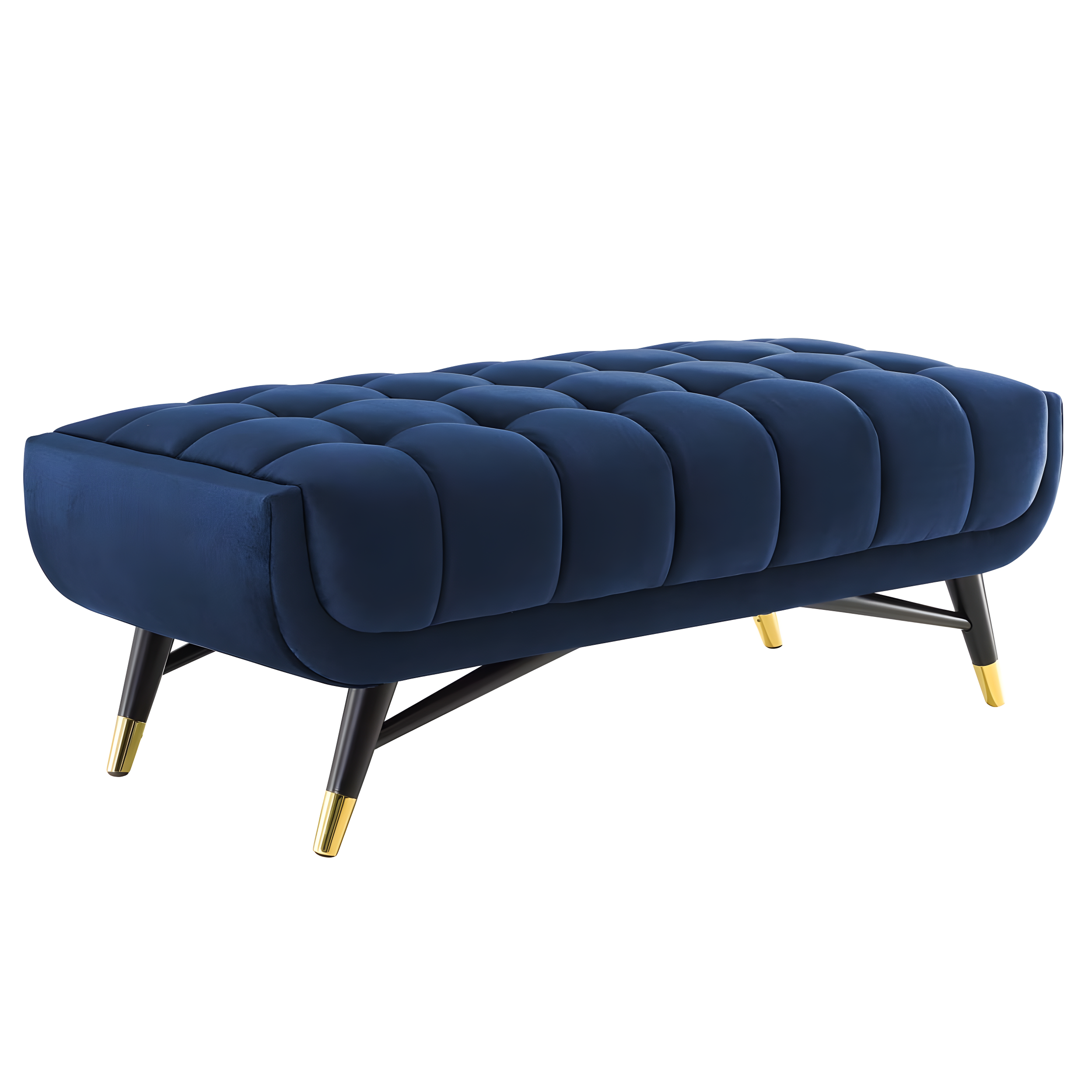 Navy Tufted Velvet Bench with Gold Tapered Birch Legs