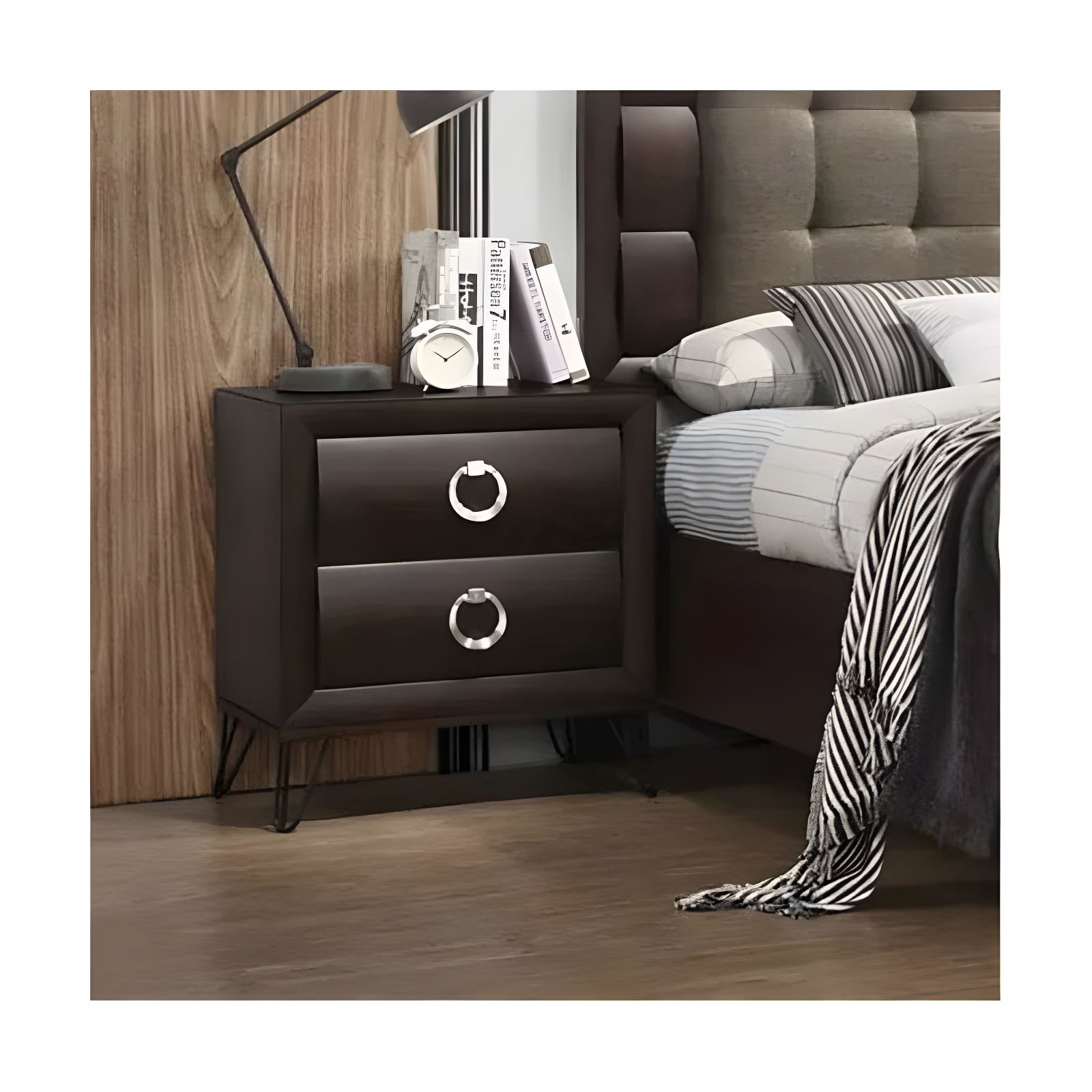 Dark Merlot 2-Drawer Wooden Nightstand with Metal Legs