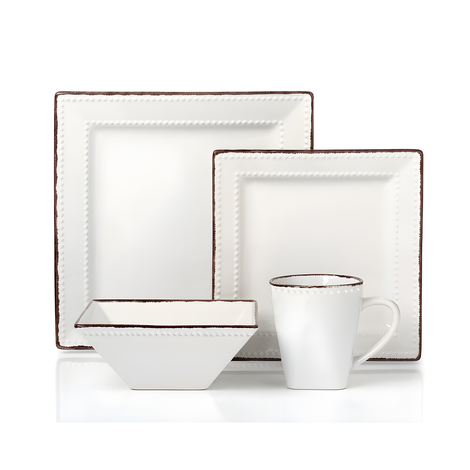 White Square Beaded Ceramic Dinnerware Set, Service for 4