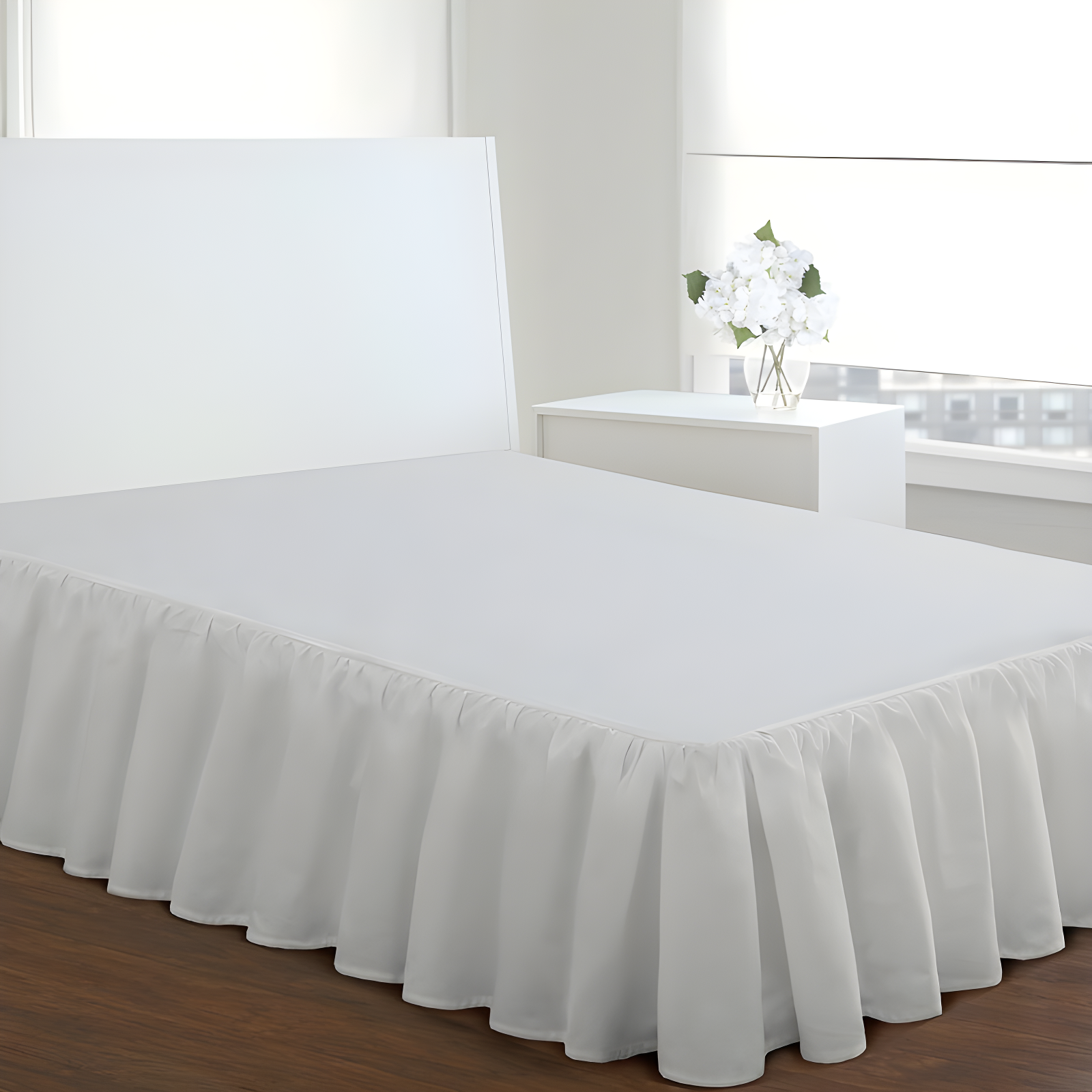 Full White Ruffled Poplin Bed Skirt with Split Corner