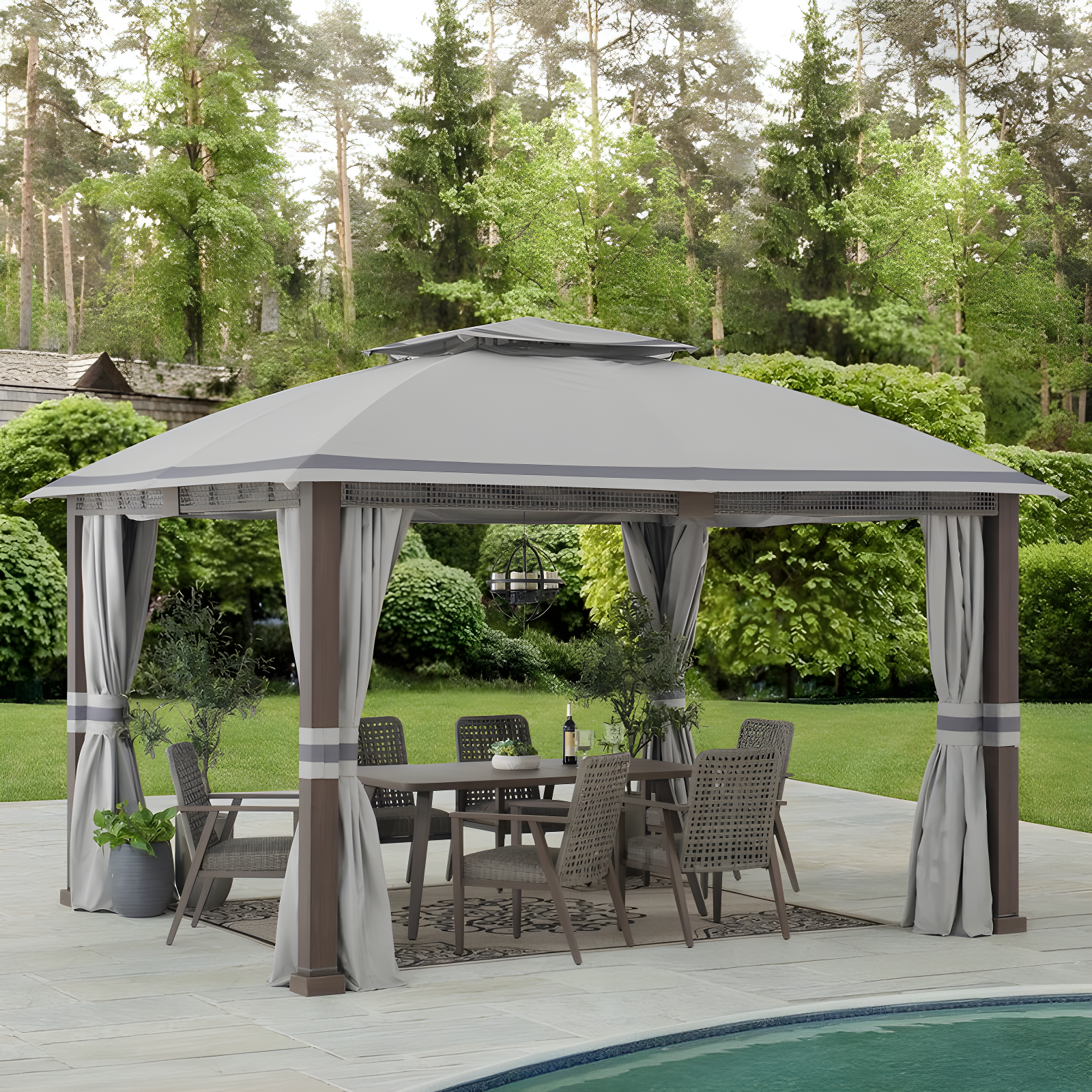 Gray 11 x 13 ft. Steel Frame 2-Tier Patio Gazebo with Netting and Curtains