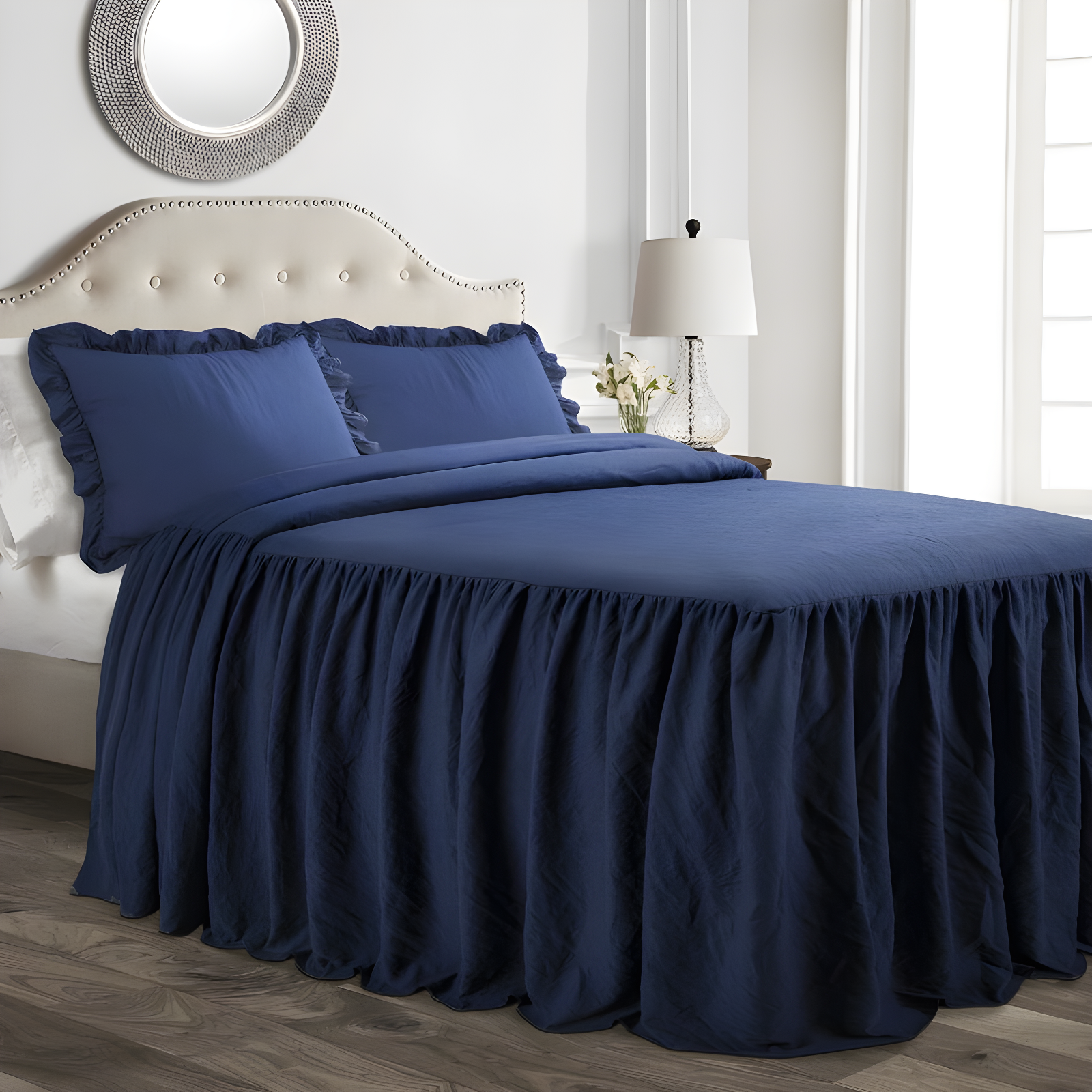 Navy Queen Microfiber Ruffle Skirt Bedspread Set