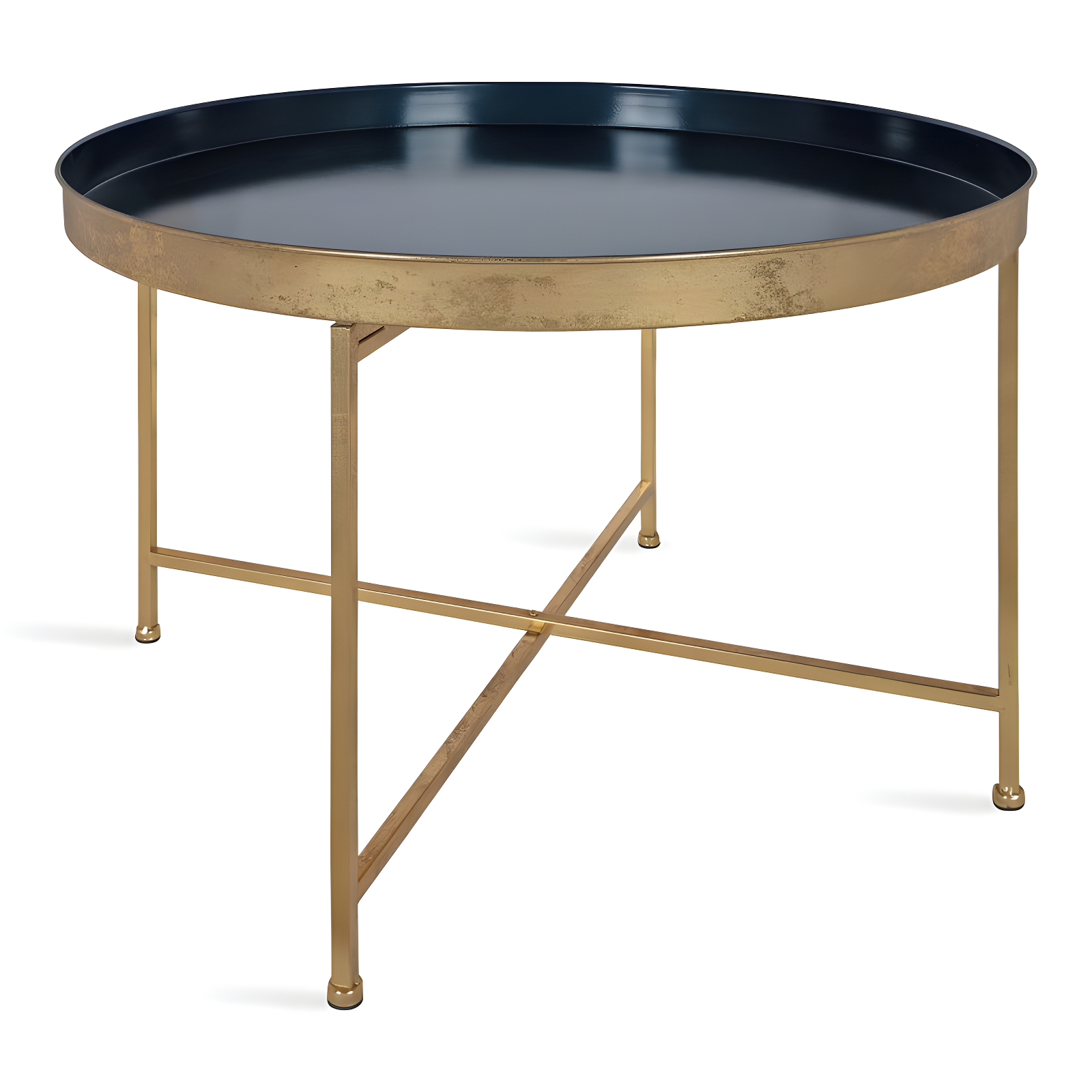 Navy Blue and Gold Leaf Round Lift-Top Metal Coffee Table