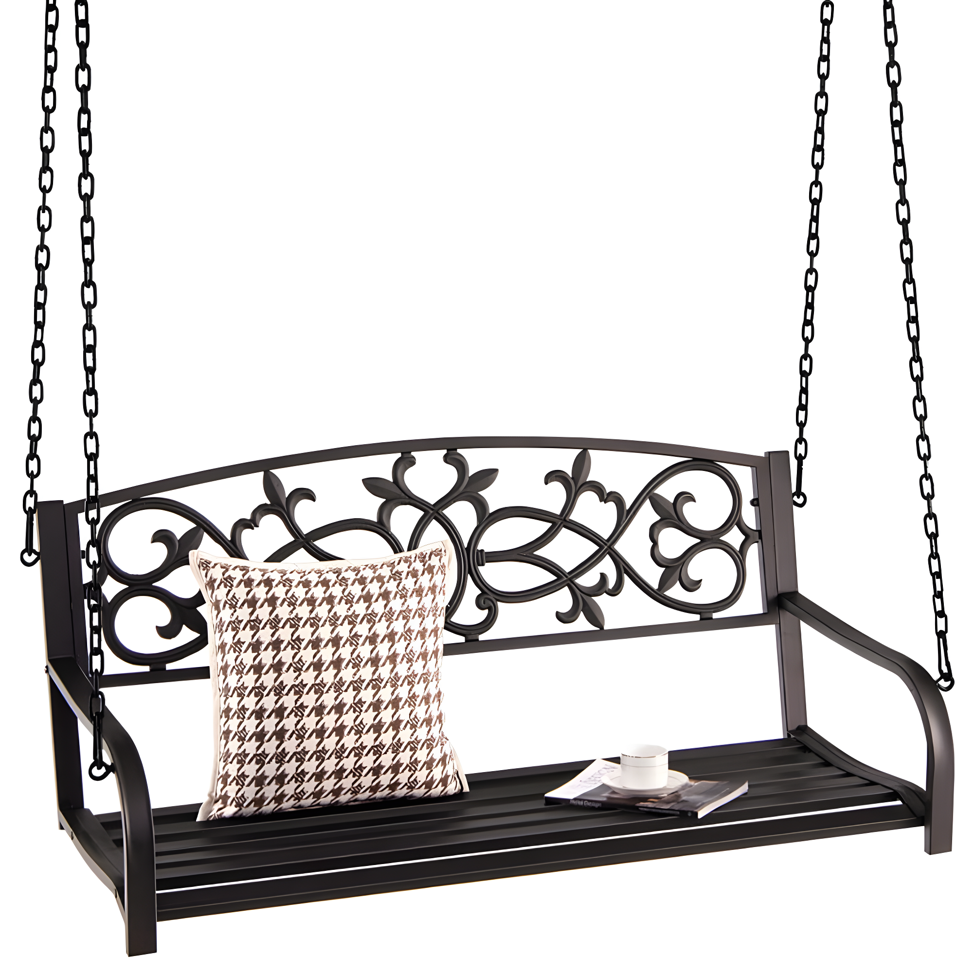 Antique Black Metal Outdoor Hanging Porch Swing Bench