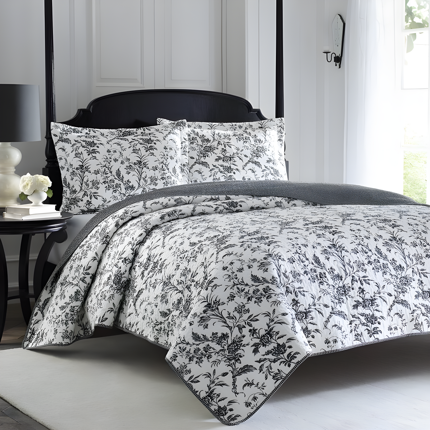 Amberley Black and White Cotton Reversible King Quilt Set