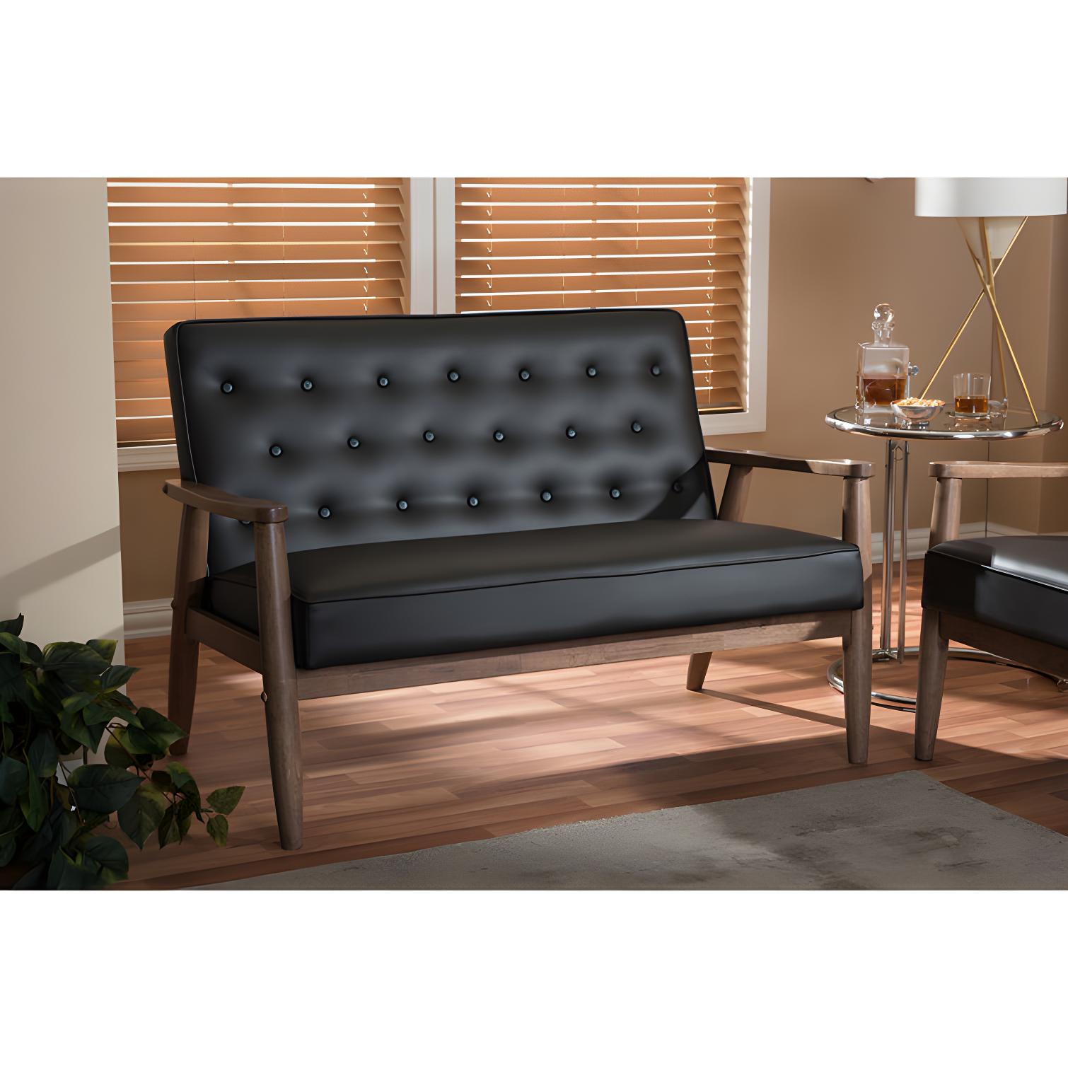 Sorrento Retro Modern Dark Brown Faux Leather 2-Seater Loveseat