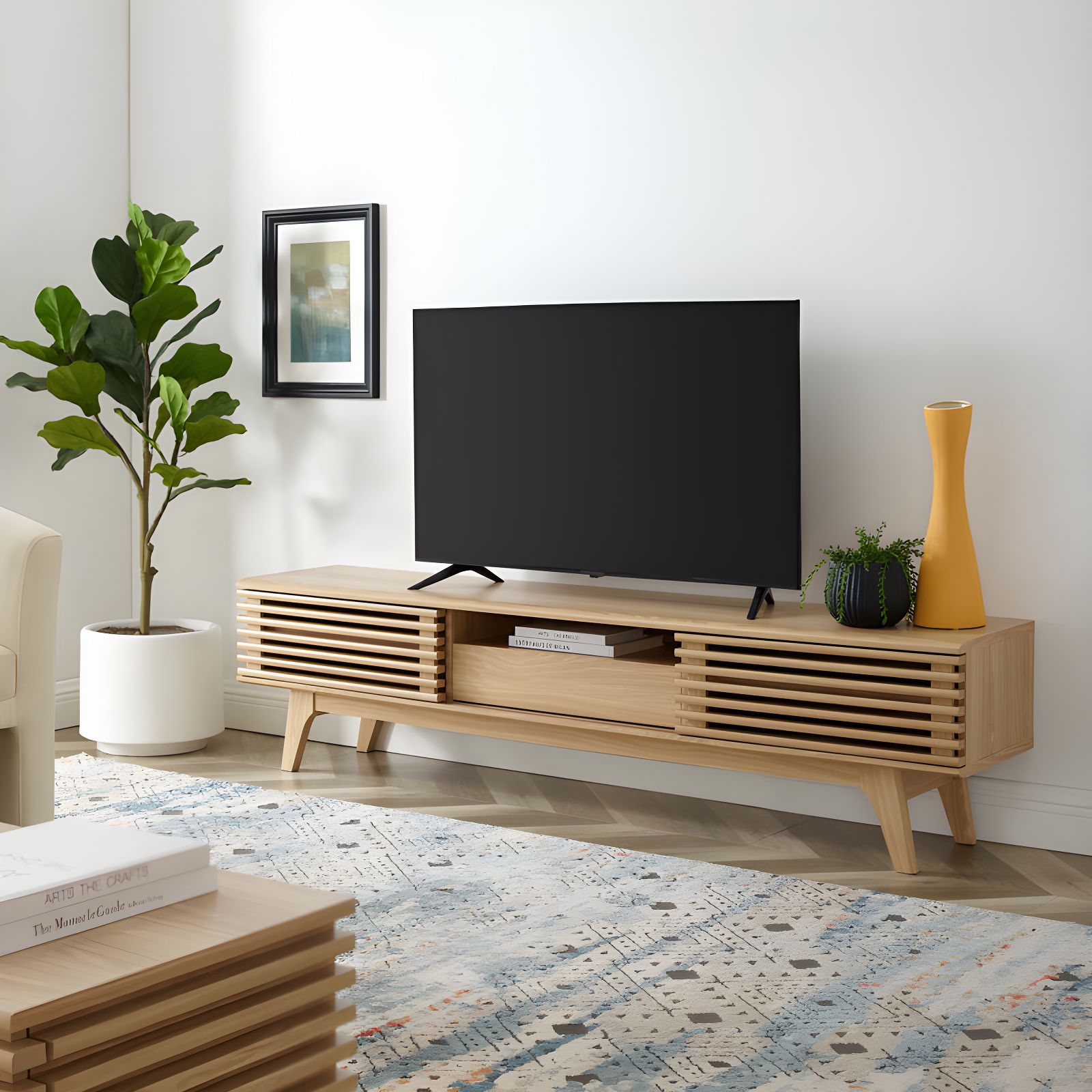 Mid-Century Modern Oak TV Stand with Sliding Doors and Storage