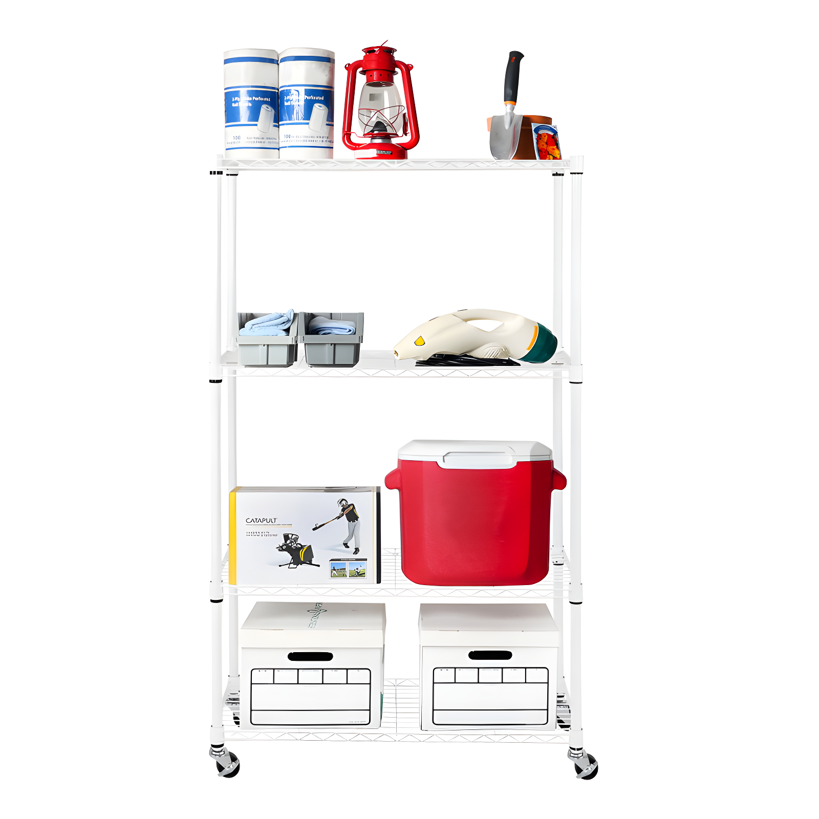 White Adjustable 4-Tier Steel Wire Shelving Unit with Wheels