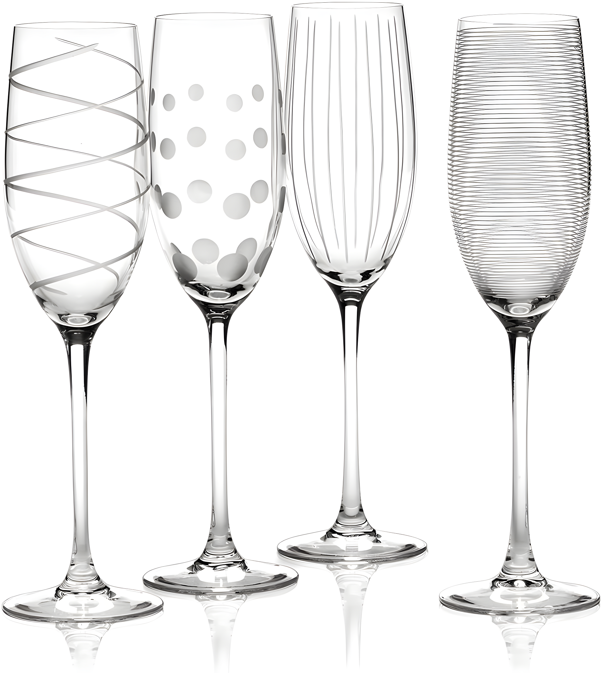 Set of 4 Clear Crystal Champagne Flute Glasses with Etched Designs