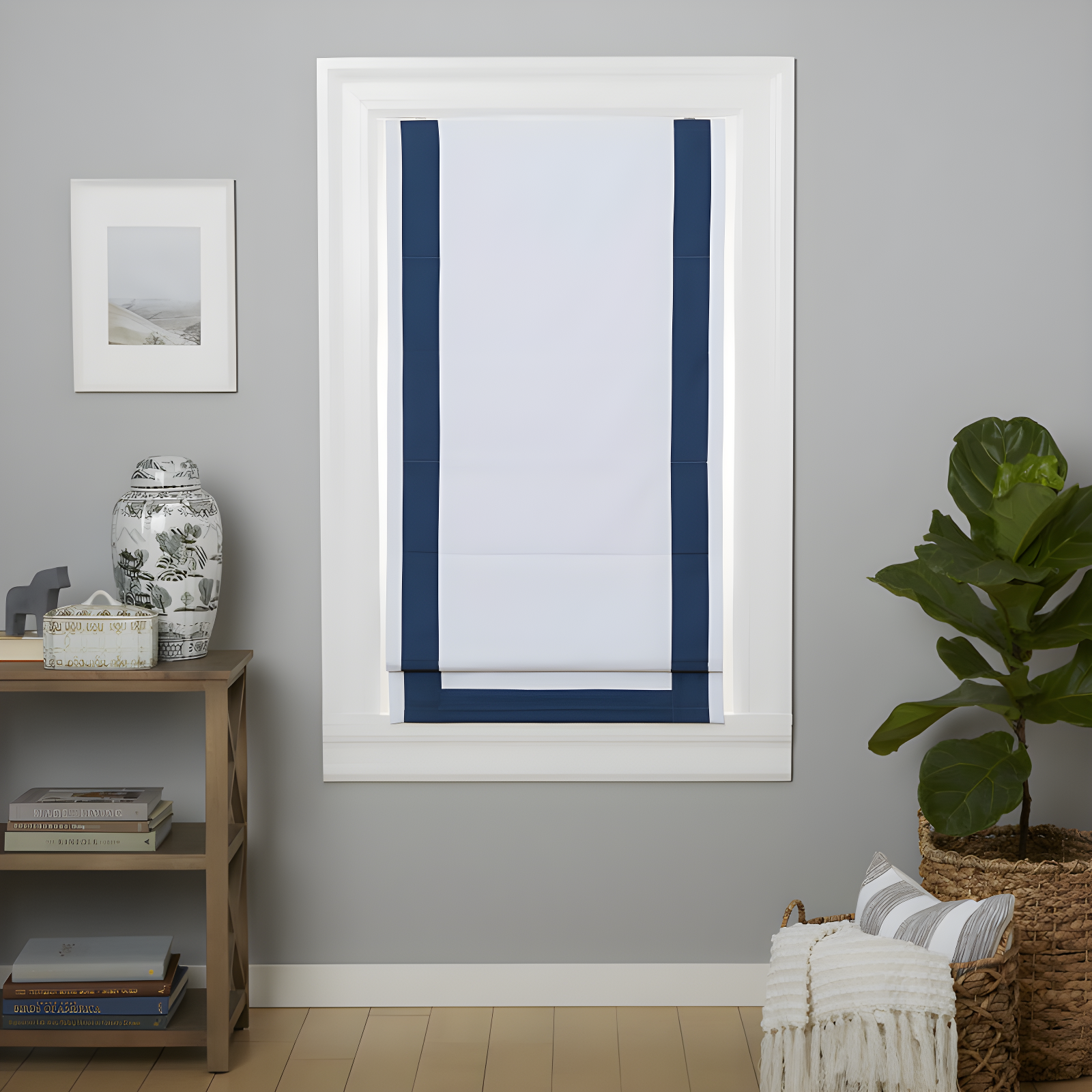 White and Denim Cordless Blackout Roman Shade