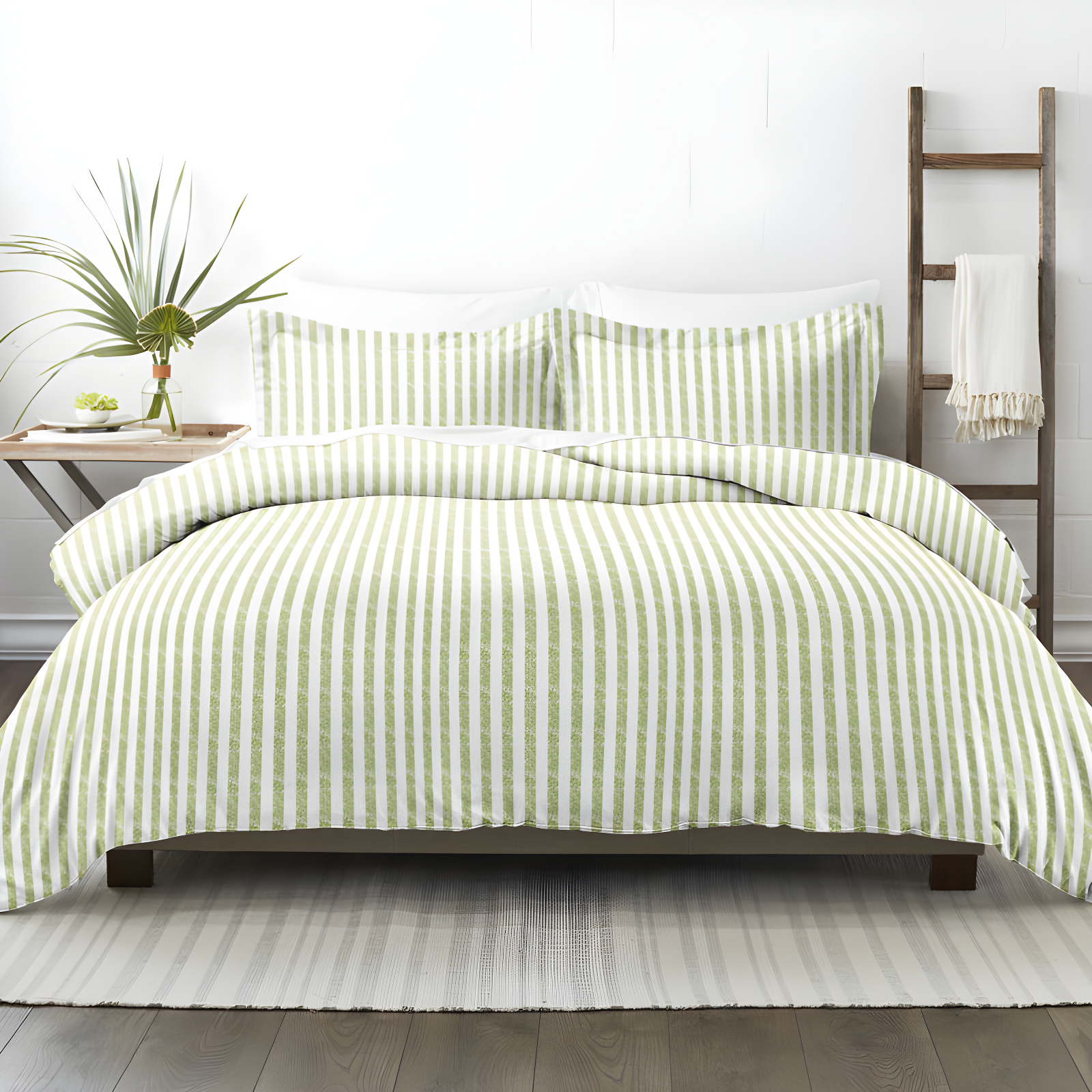 Sage Green Striped Microfiber King 3-Piece Duvet Cover Set