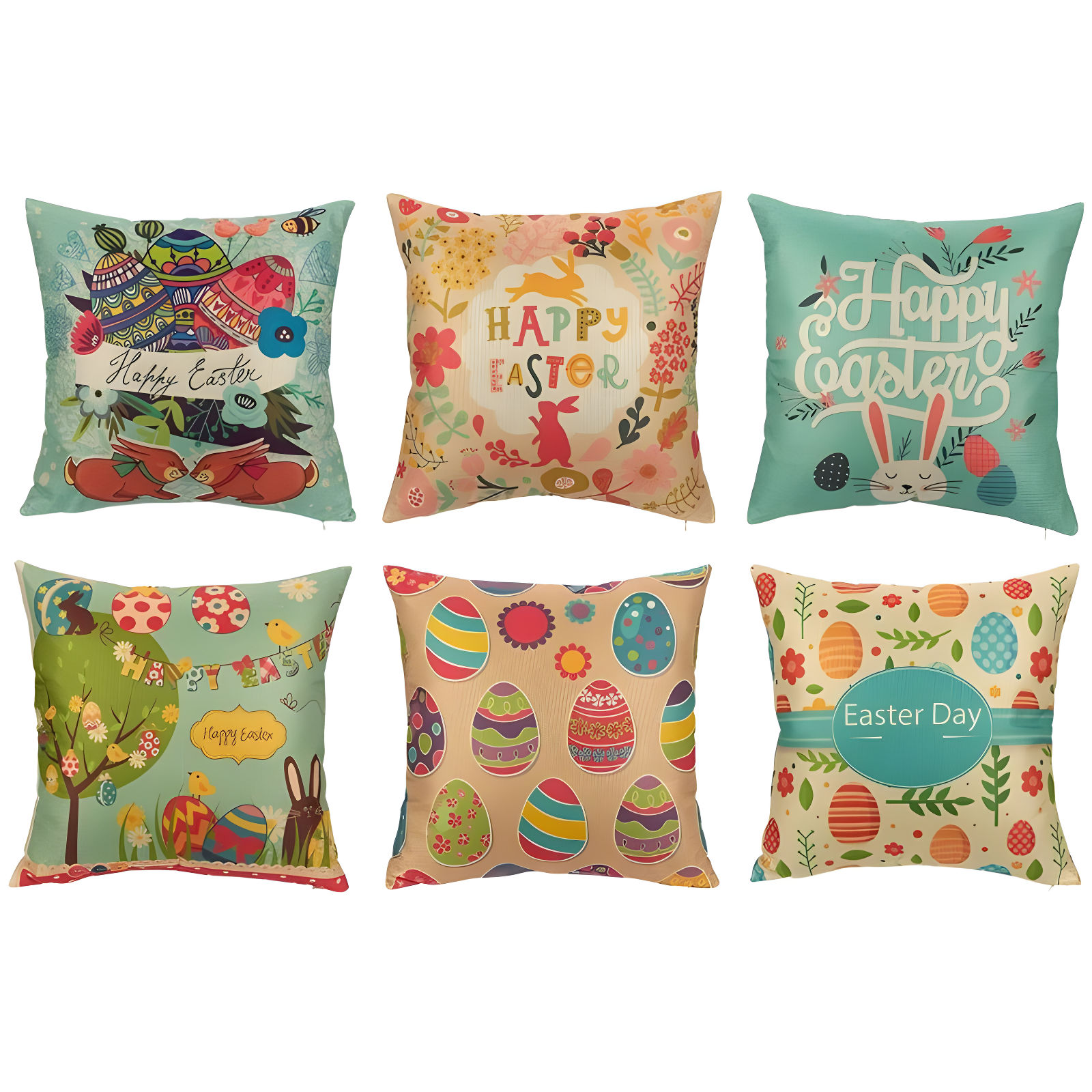 Easter Cotton Throw Pillow Covers Set, 18x18 Inches, Multicolor