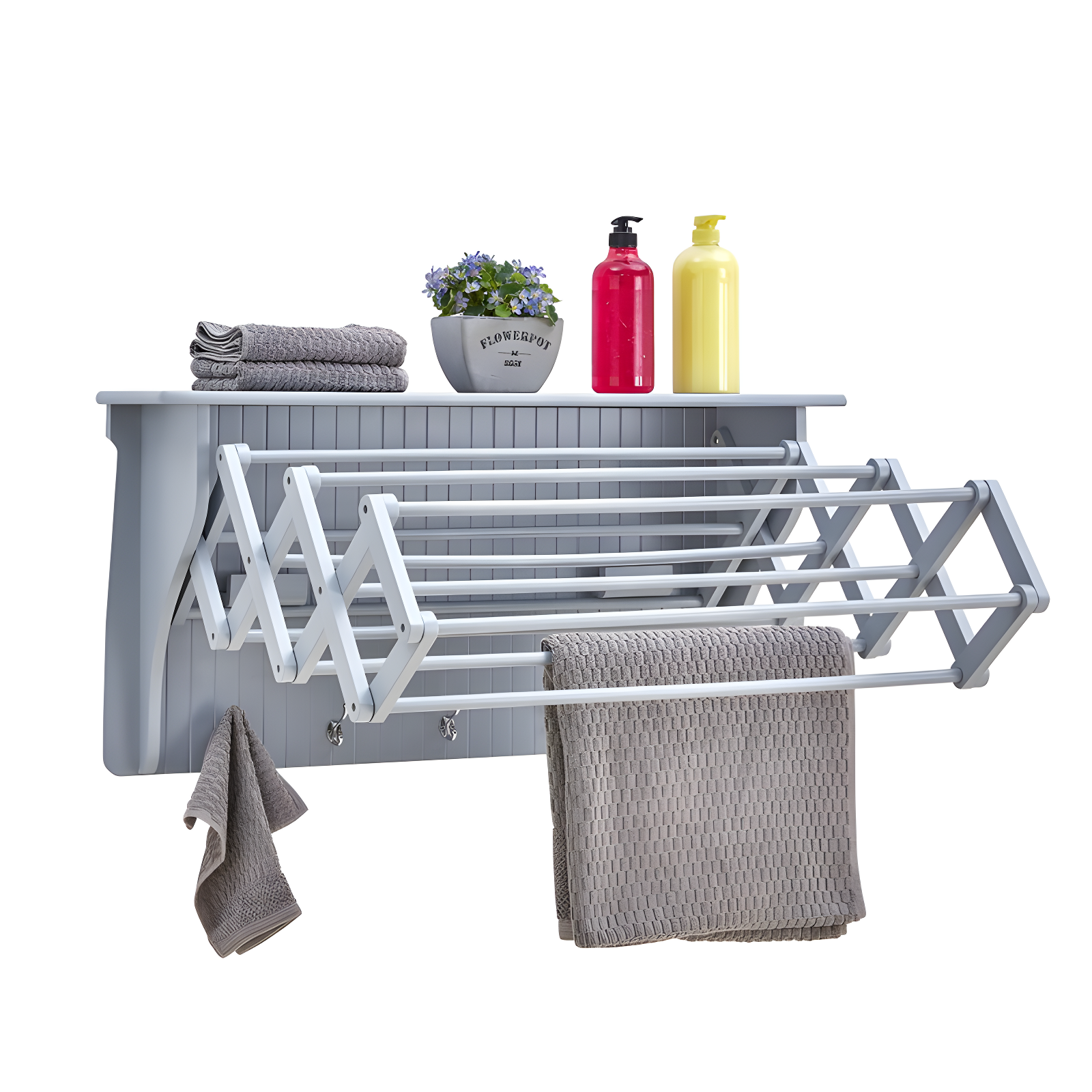 Light Gray Wall Mounted Collapsible Drying Rack with Hooks