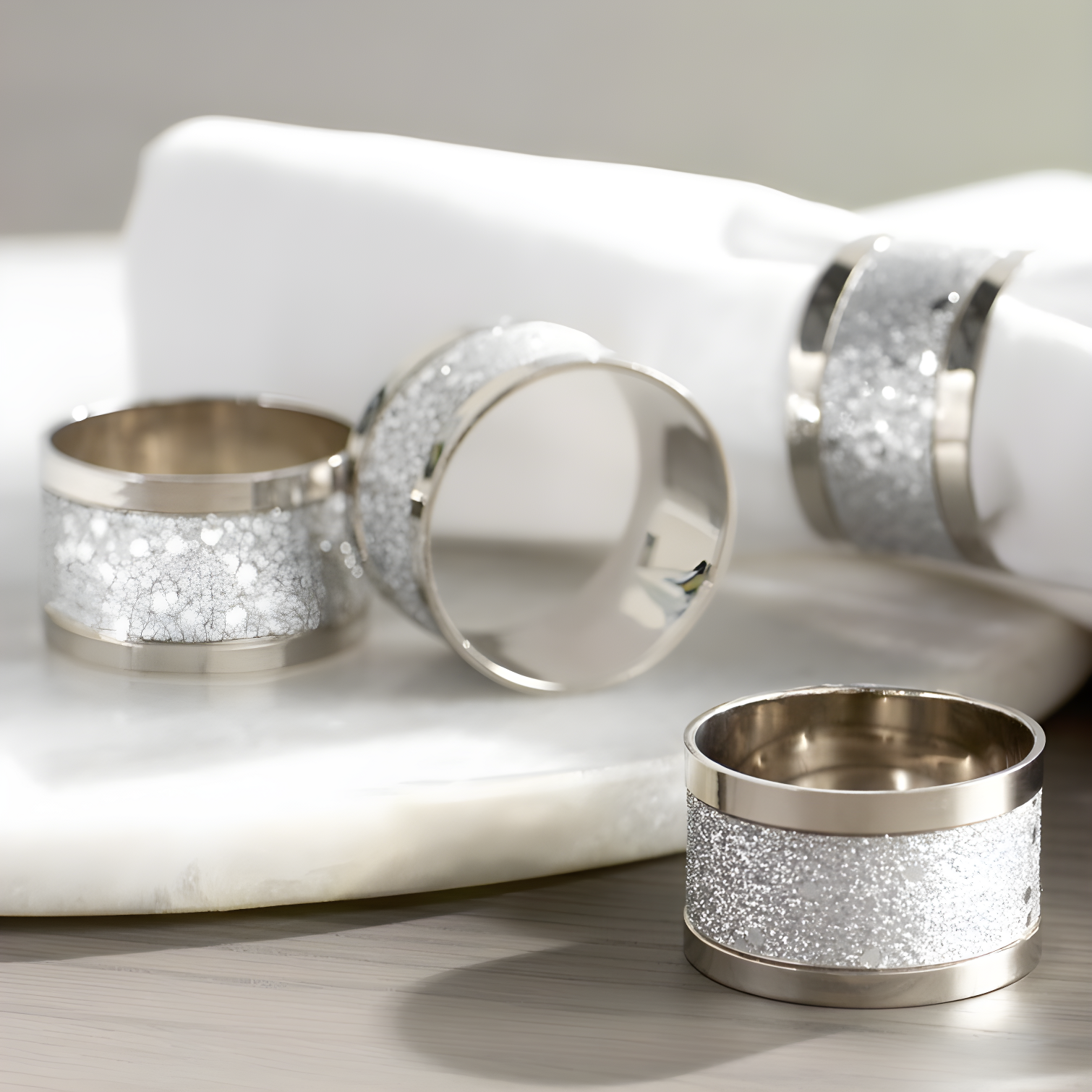 Silver Glitter Round Napkin Rings Set of Four