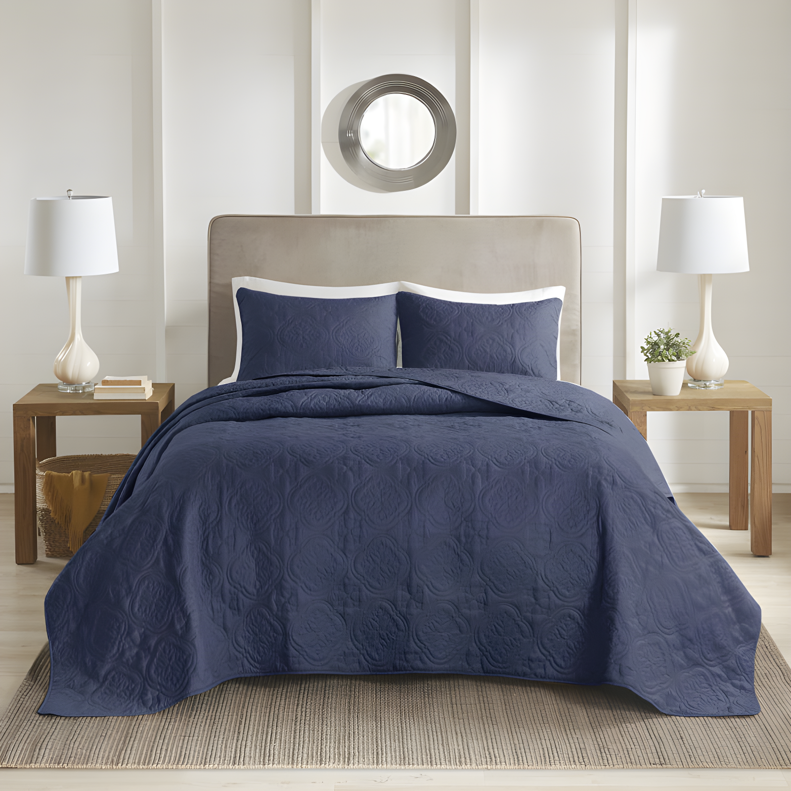 Navy Microfiber Reversible Full Bedspread Set