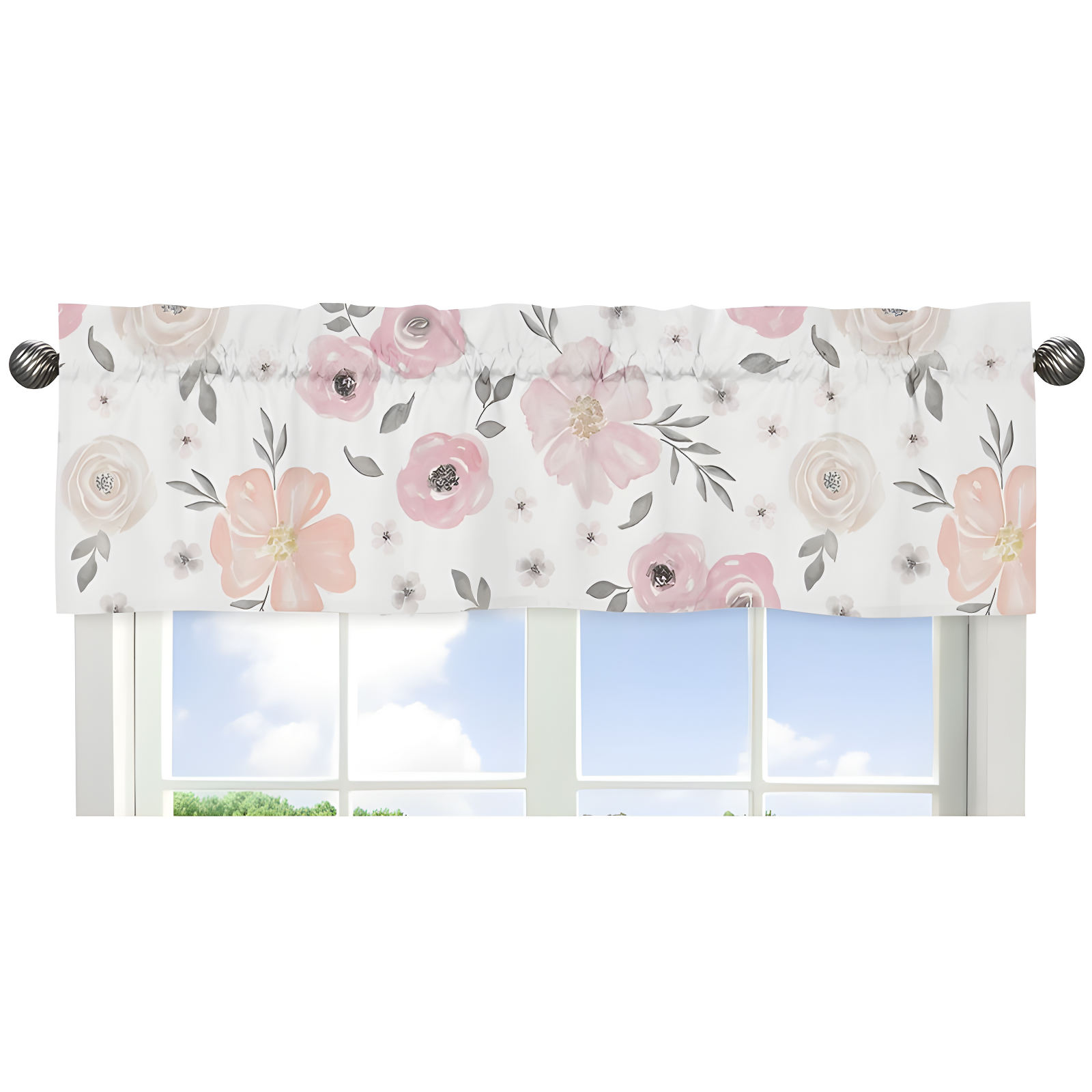 Blush Pink and Grey Floral Watercolor Window Valance