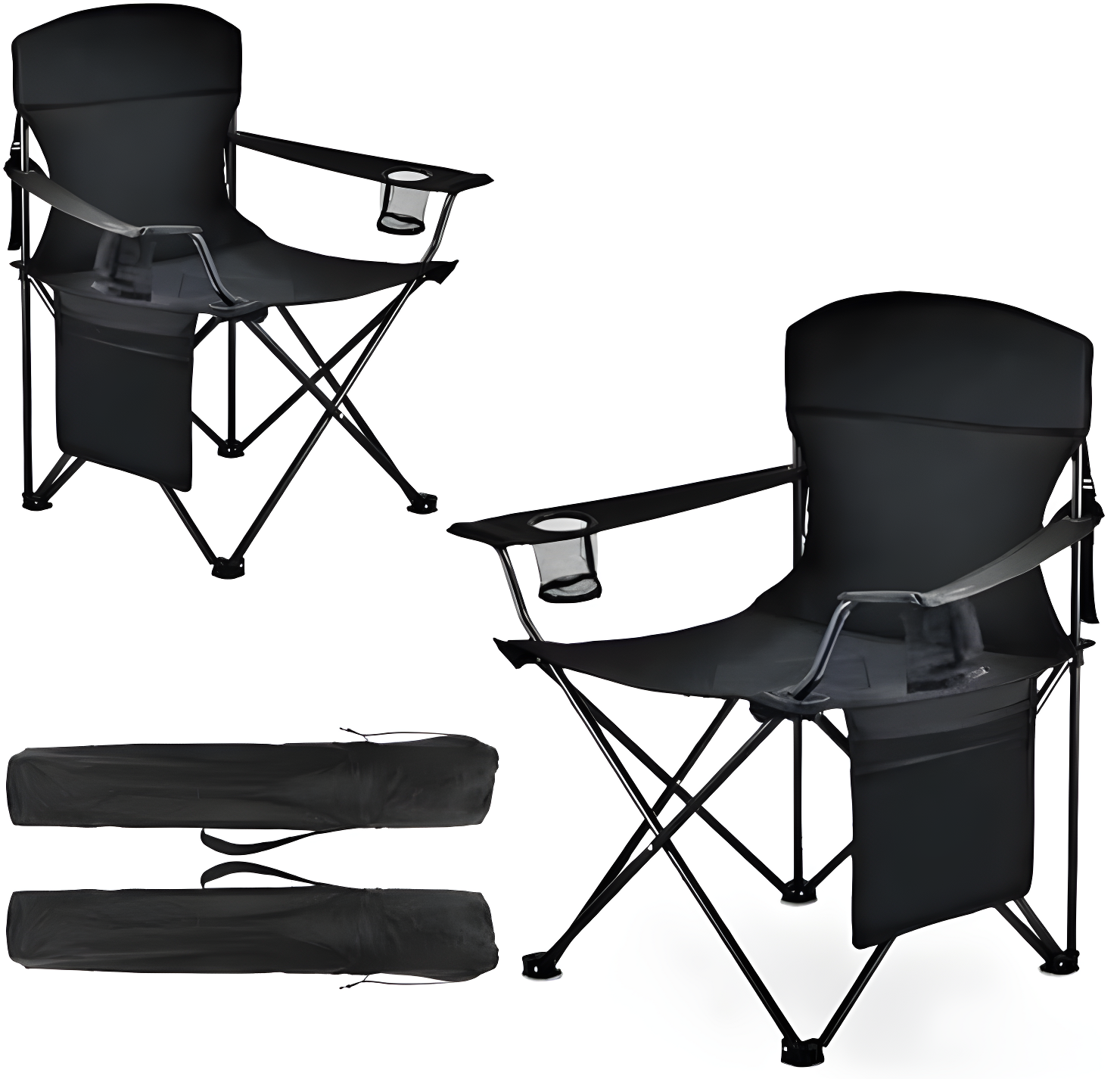 2 Pack Black Steel Frame Folding Camping Chairs with Cup Holders and Carry Bags