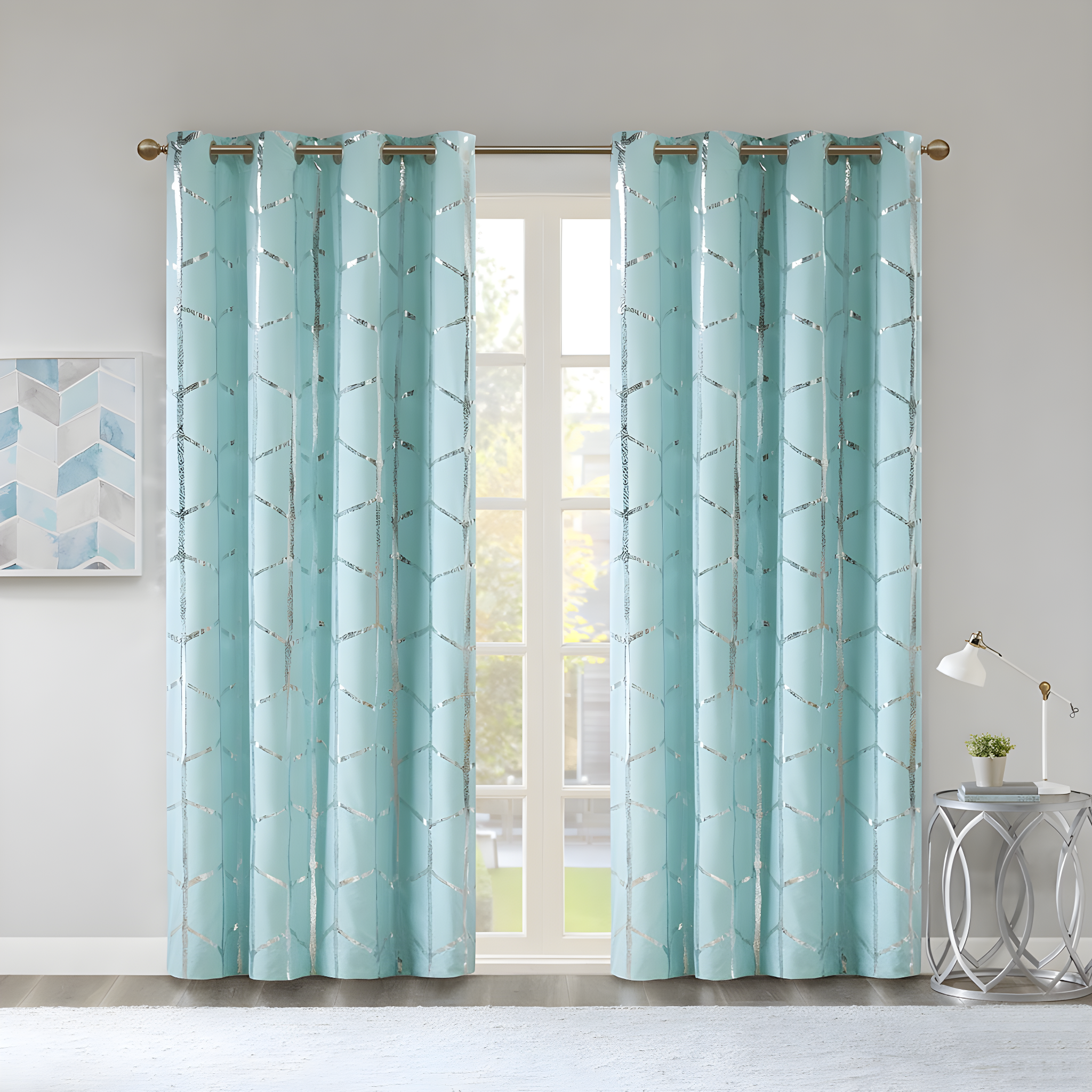 Aqua and Silver Blackout Grommet Top Polyester Curtains 50" x 84"