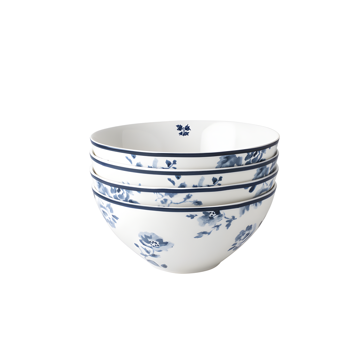 Blue Floral Ceramic Round Soup and Cereal Bowls, Set of 4