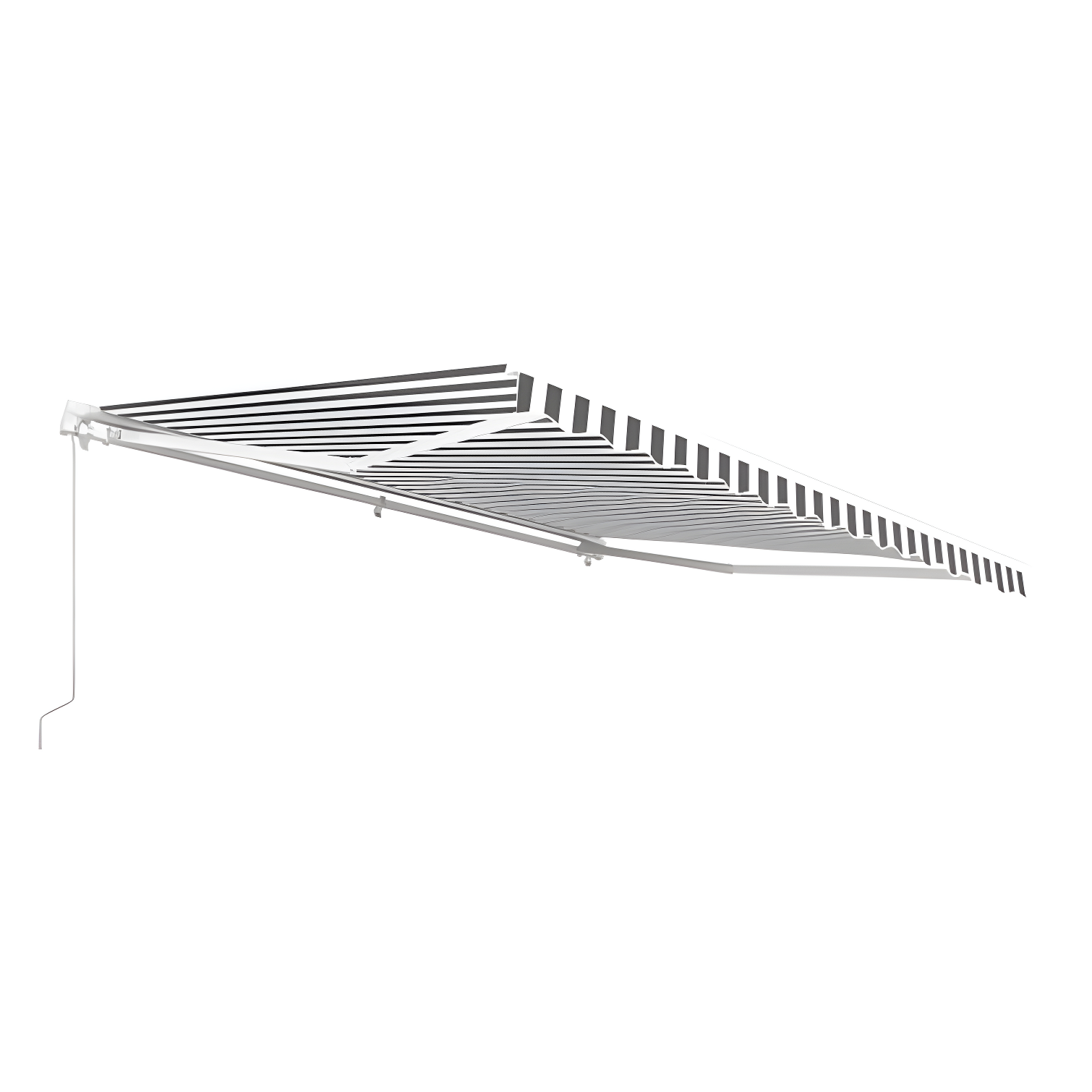 Gray and White Striped Retractable Patio Awning with White Frame