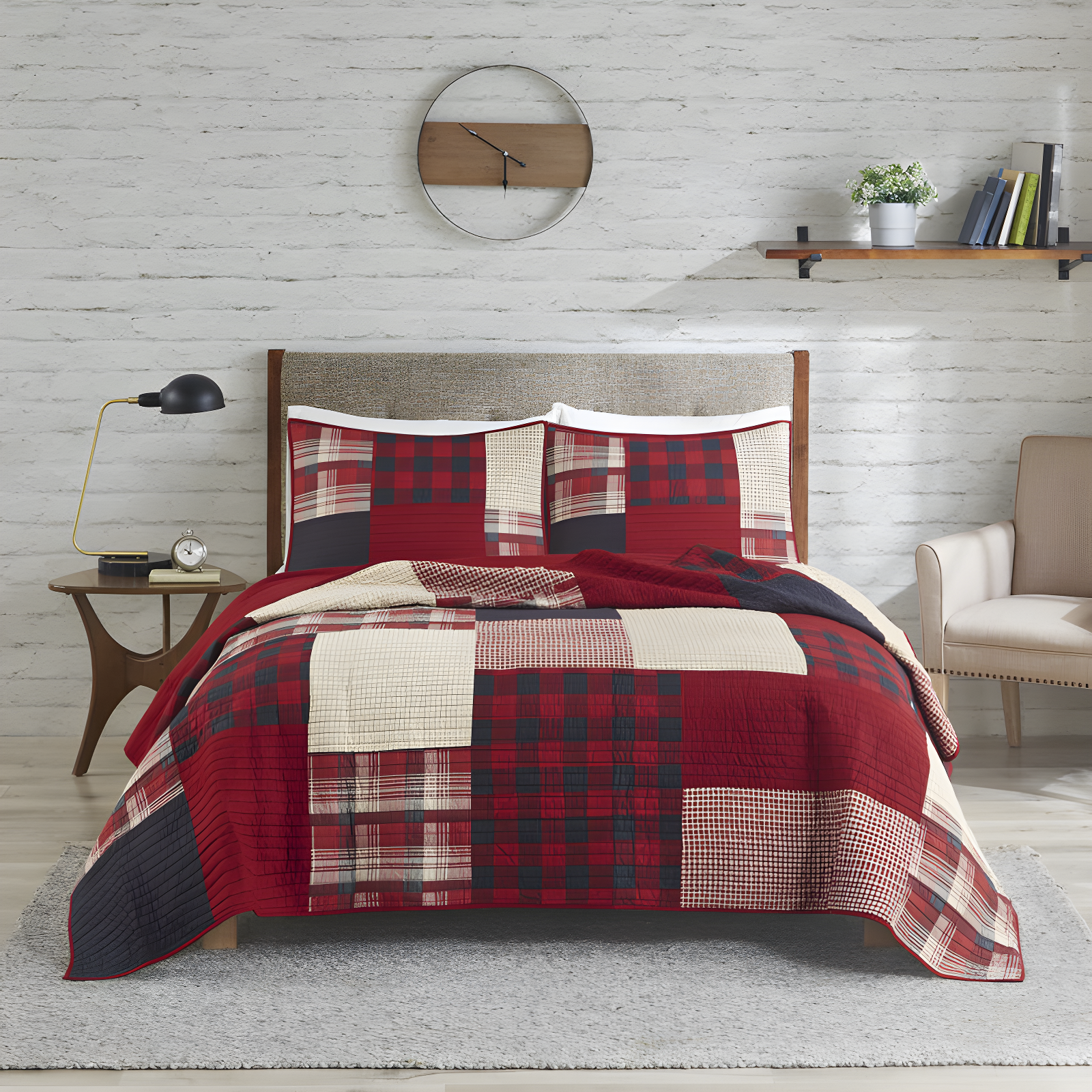 King Red Cotton Reversible Plaid Quilt Set