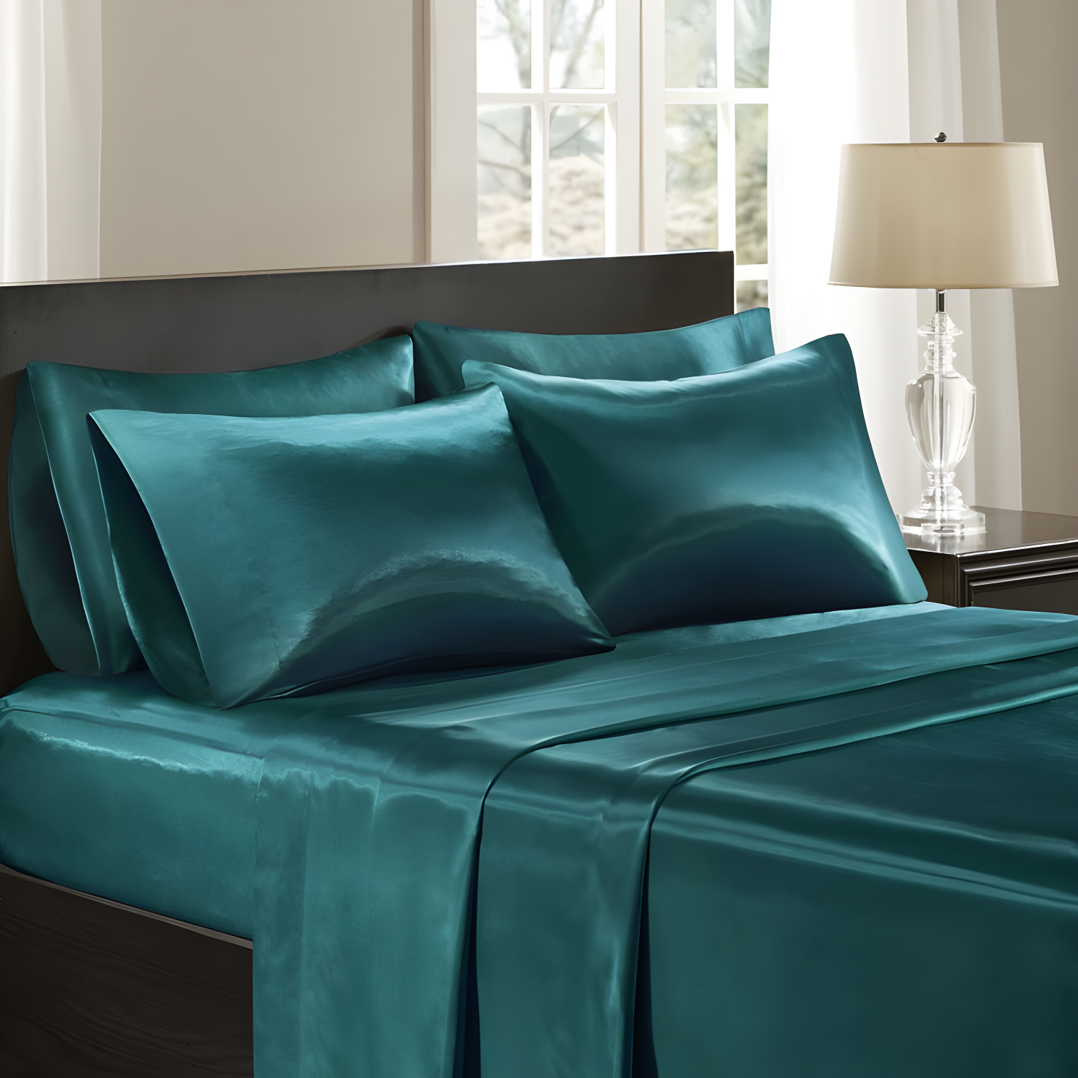 Teal King Satin Polyester Pillowcase Set