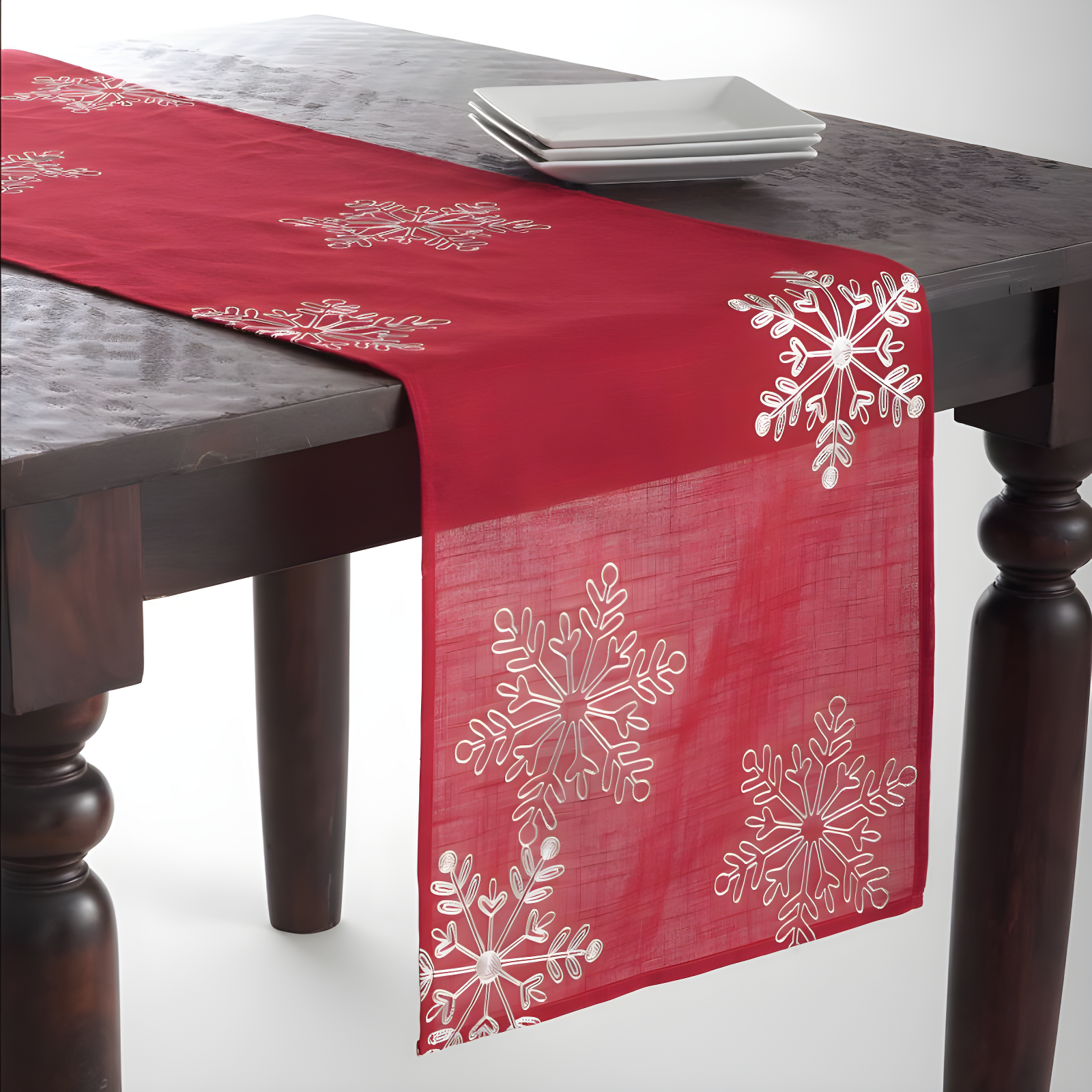 Red Polyester Snowflake Design Winter Table Runner