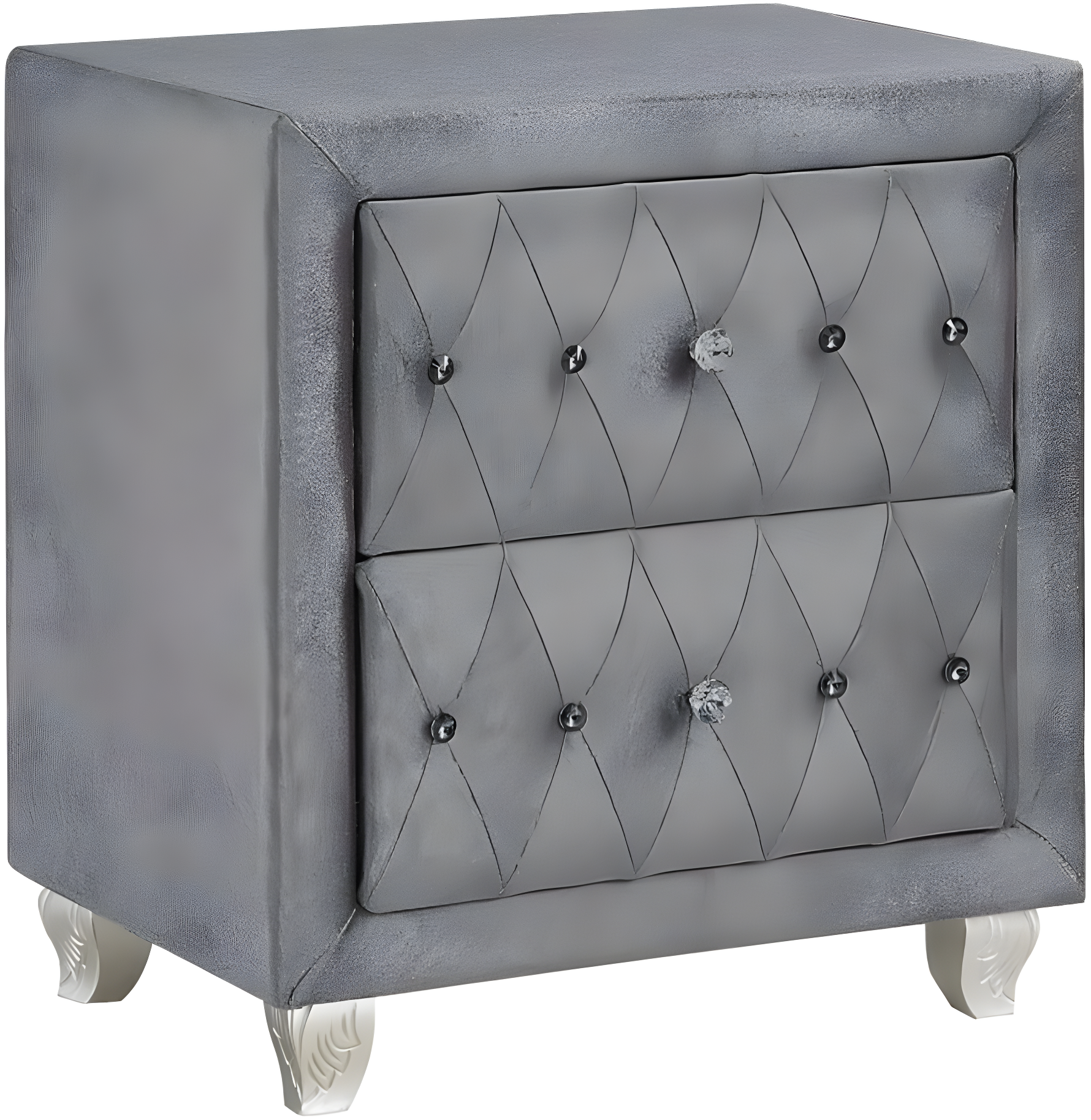 Gray Velvet 2-Drawer Nightstand with Crystal Pulls