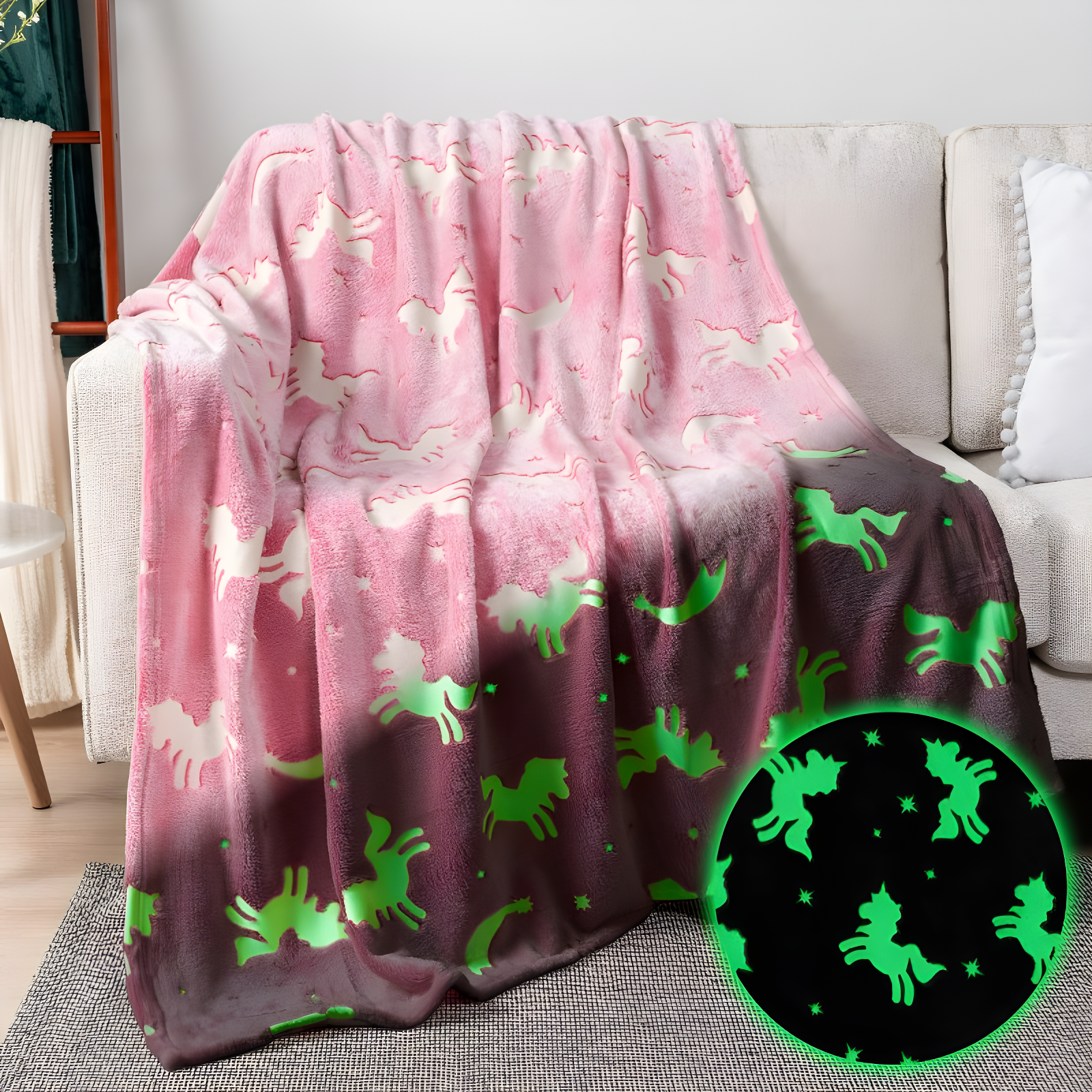 Twin Pink Unicorn Glow-in-the-Dark Fleece Blanket