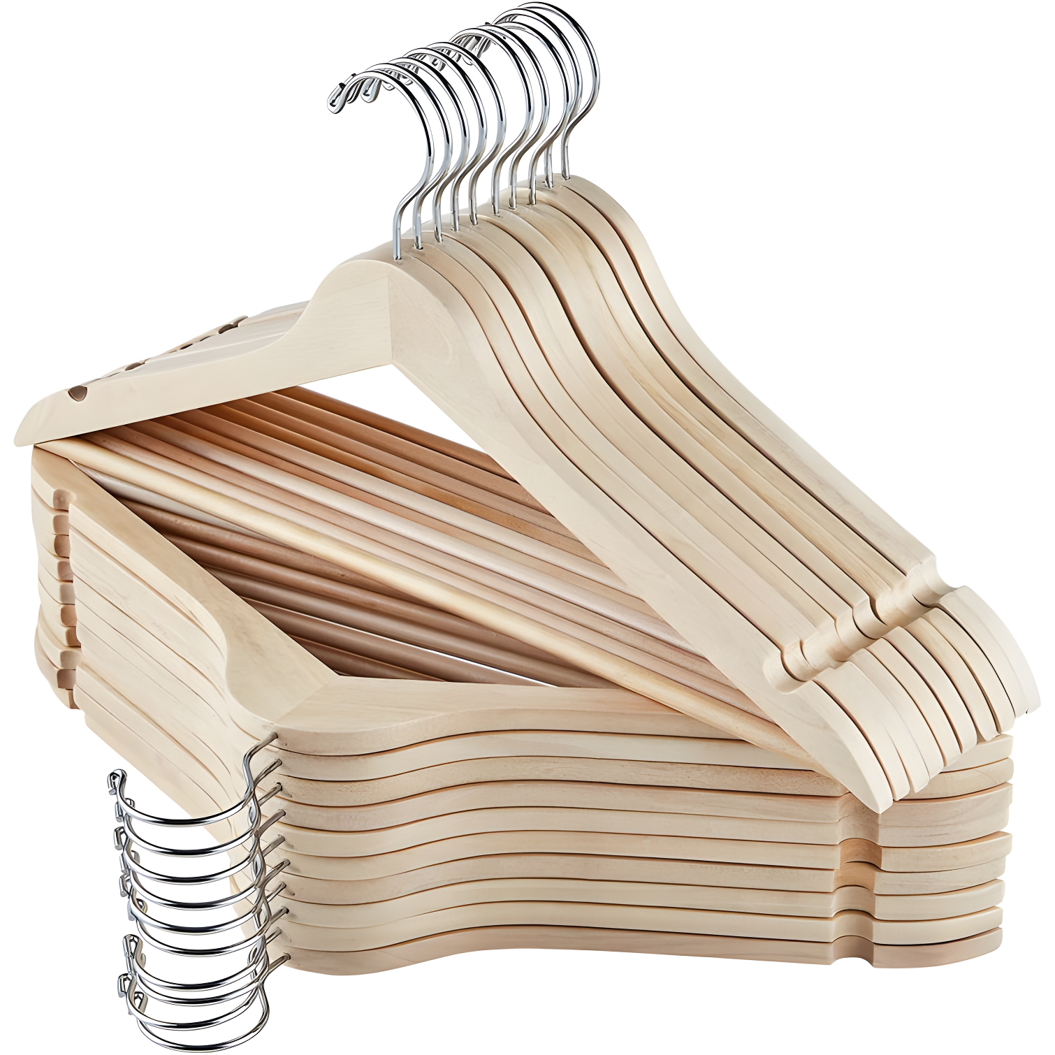 Natural Birch Wood Non-Slip Hangers with Swivel Hooks, Set of 30