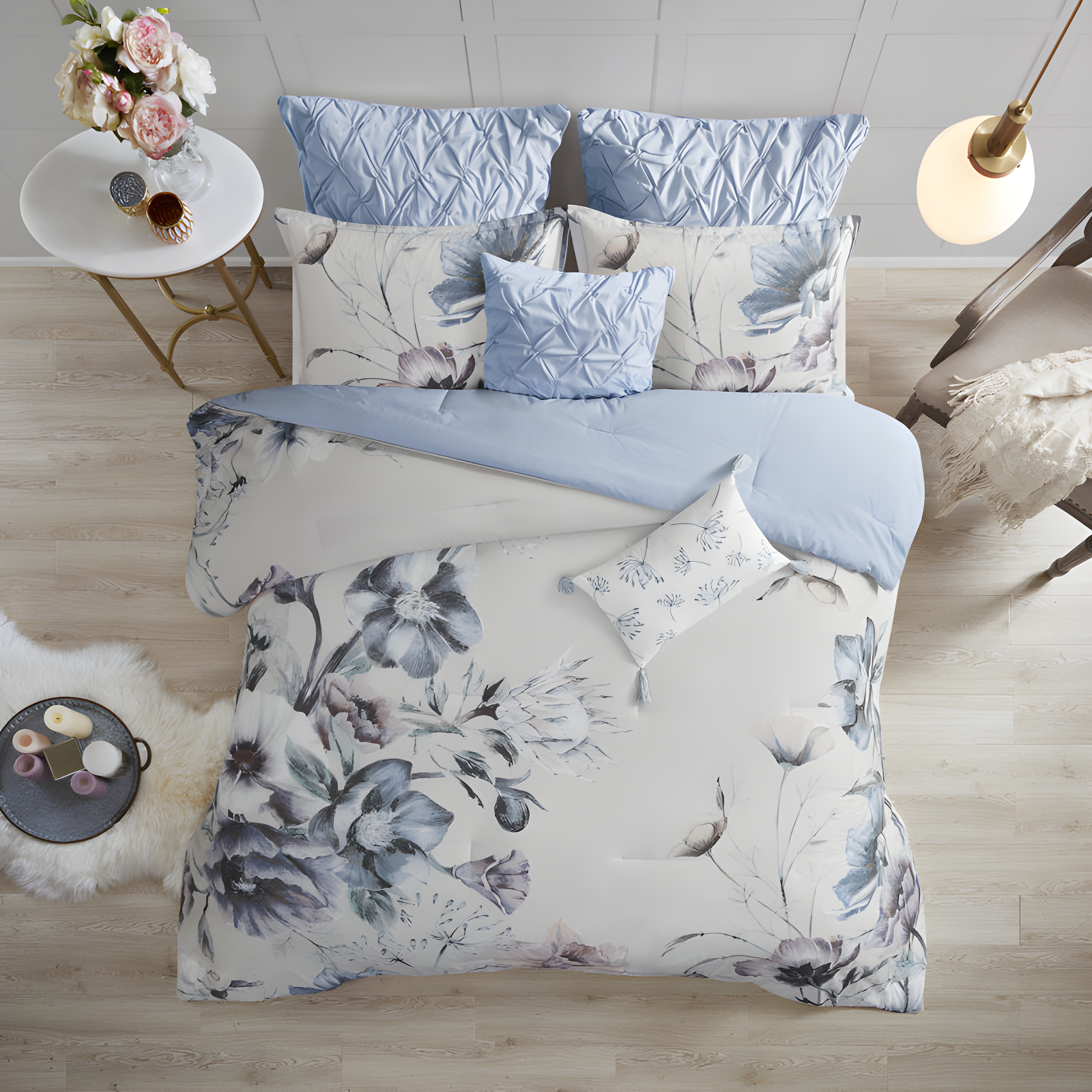 California King Blue Cotton Floral Comforter Set