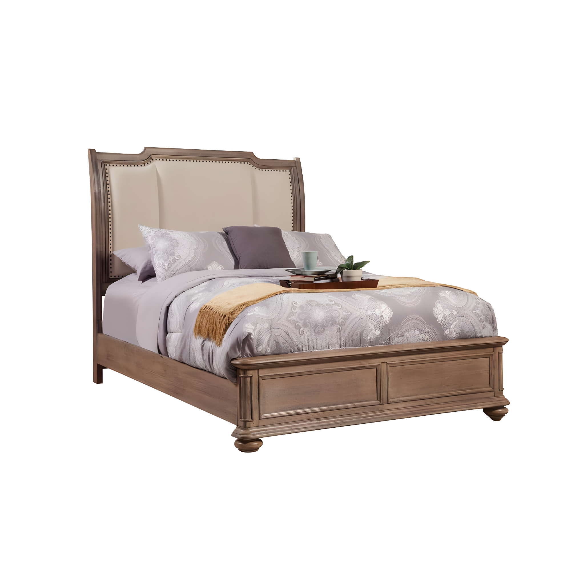 Beige Upholstered Queen Sleigh Bed with Nailhead Trim