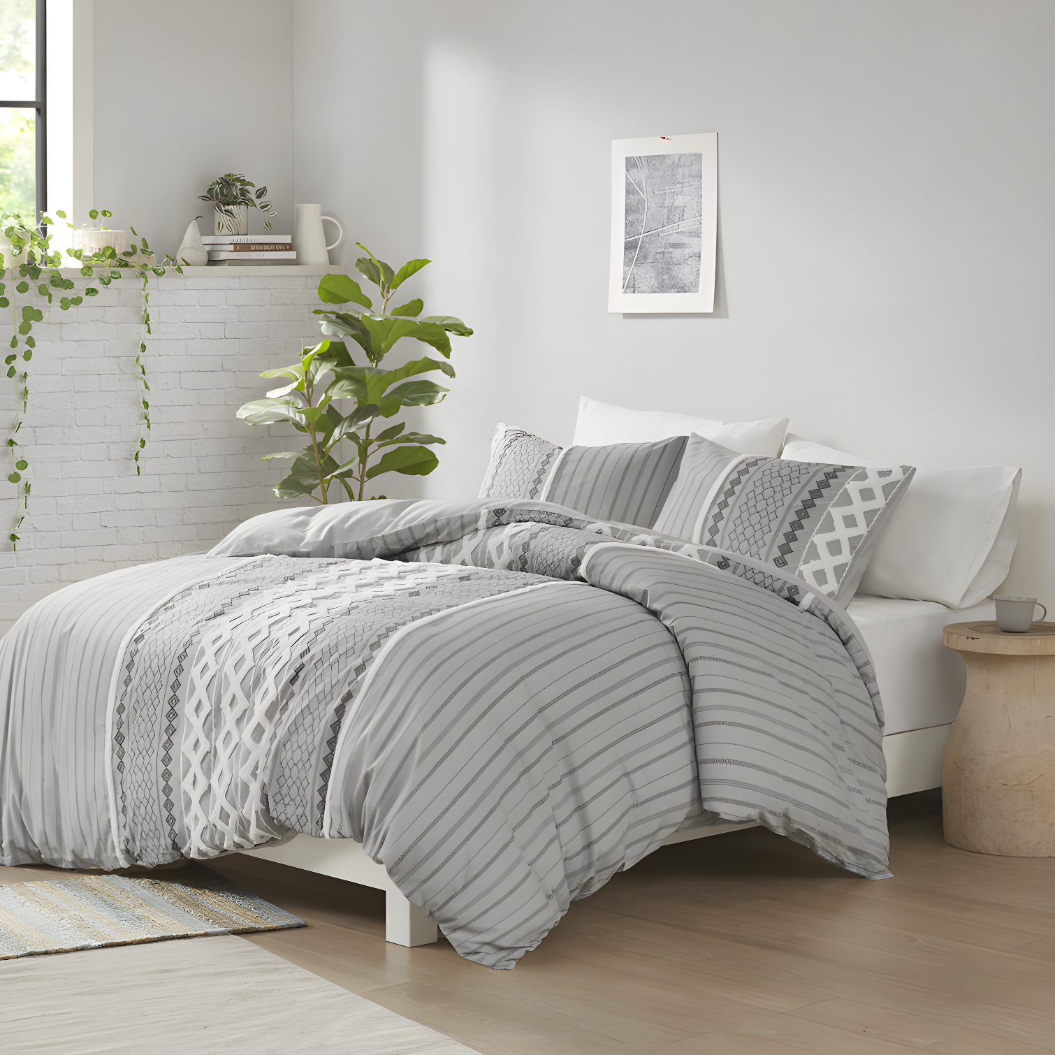 Gray Geometric Cotton King/Cal King Duvet Cover Set