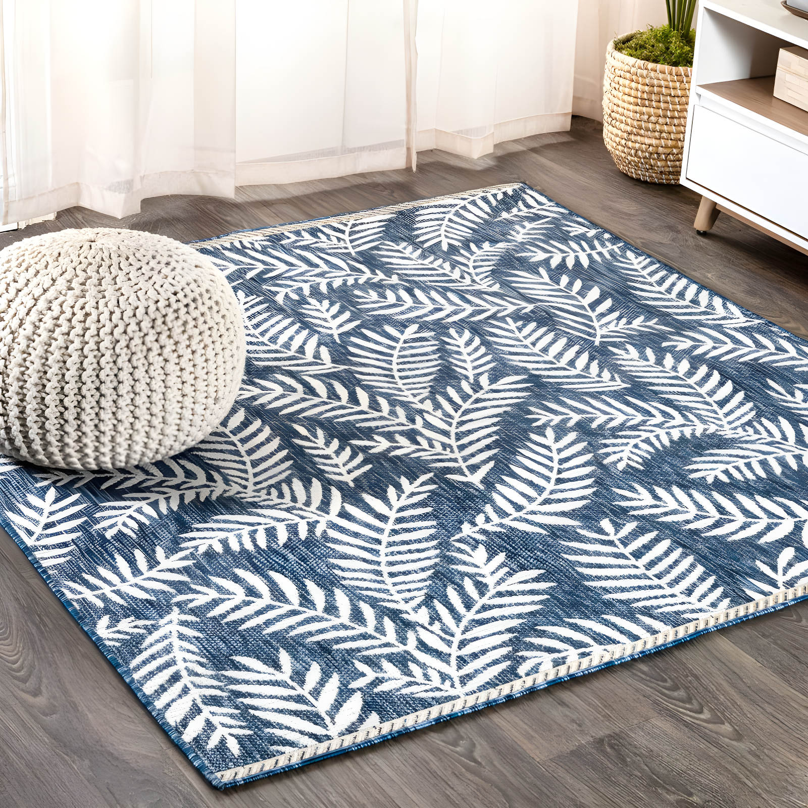 Ivory Navy Palm Frond 5' Square Reversible Outdoor Rug