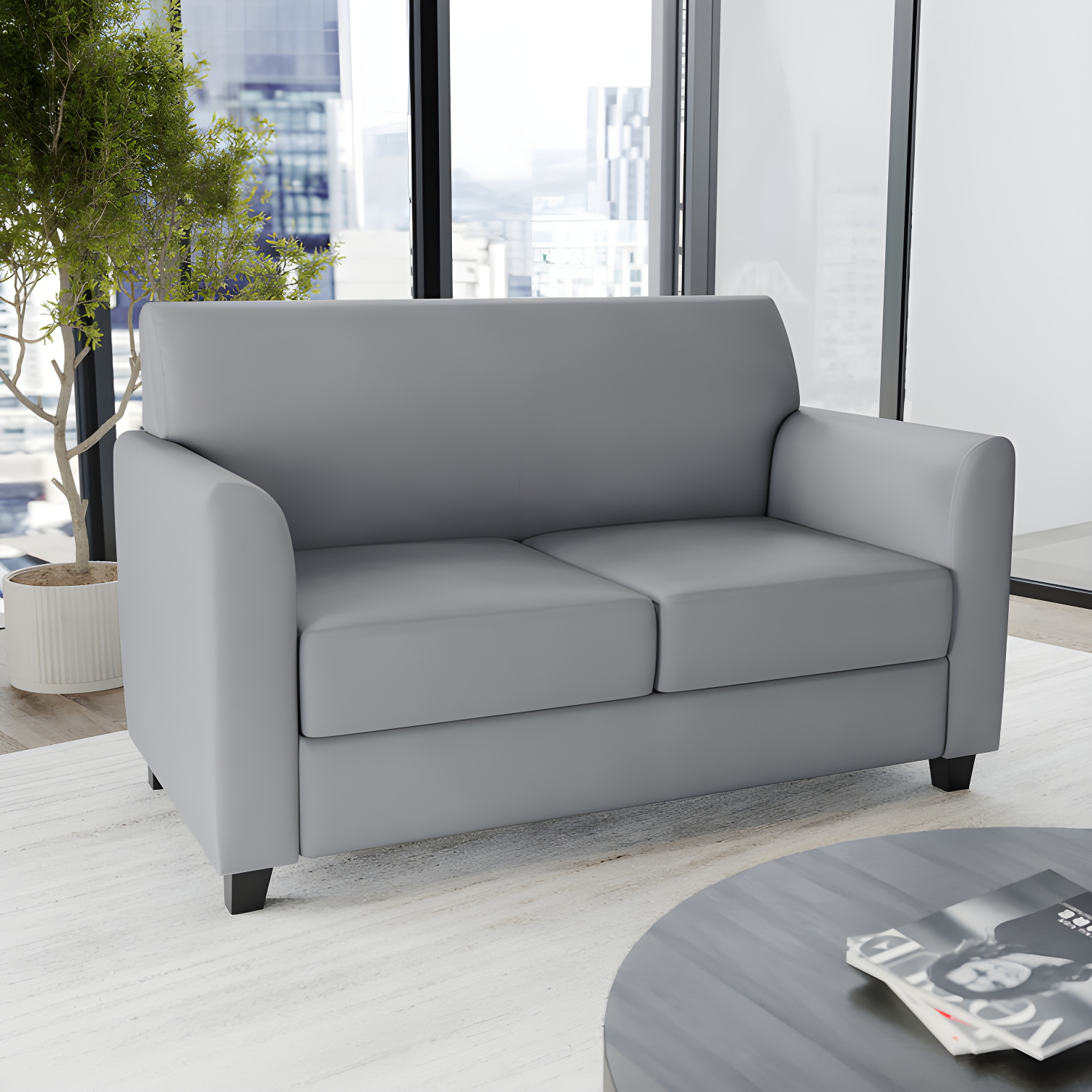 Gray Leather 52'' Reception Loveseat with Flared Arms