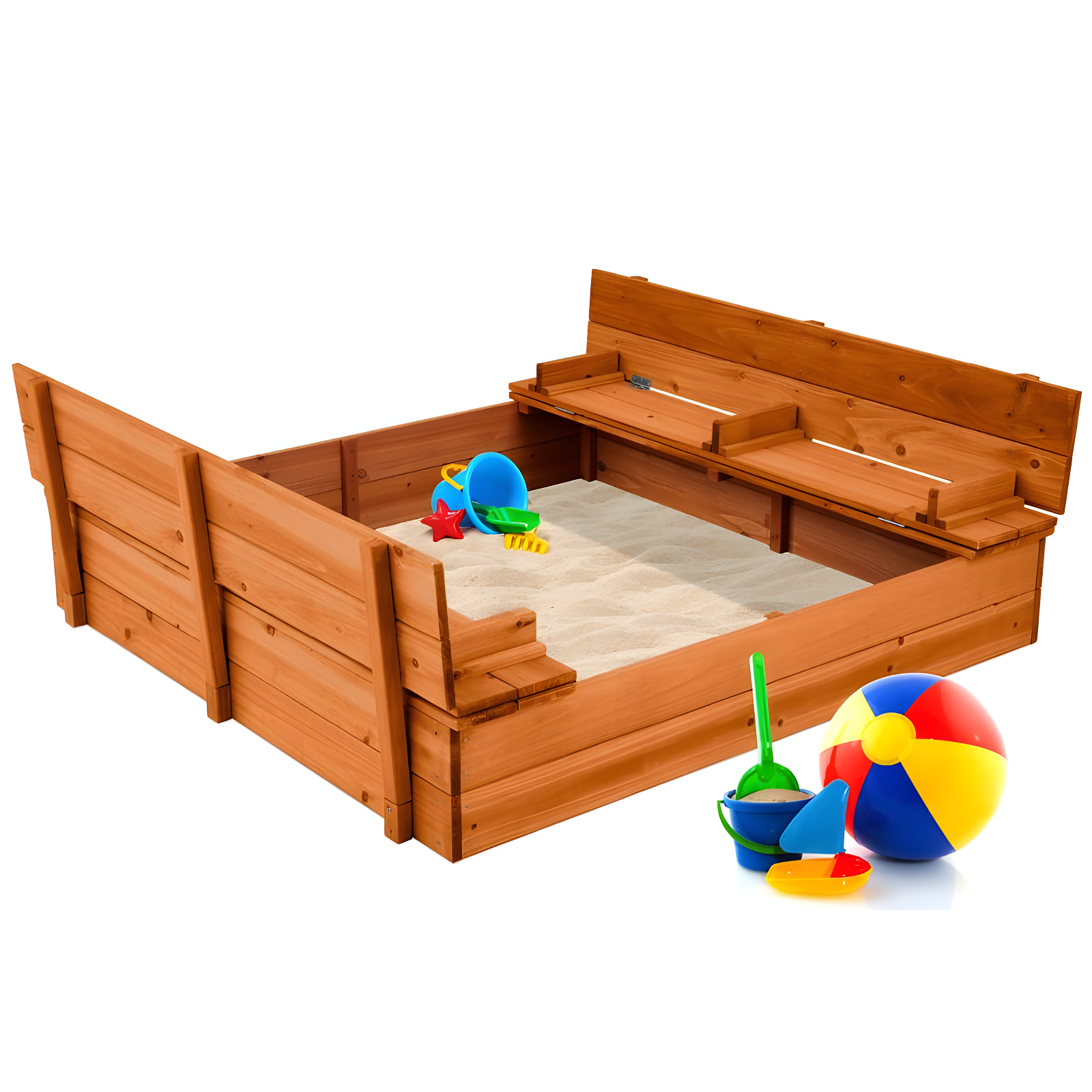 Cedar Wood Square Sandbox with Foldable Bench Seats