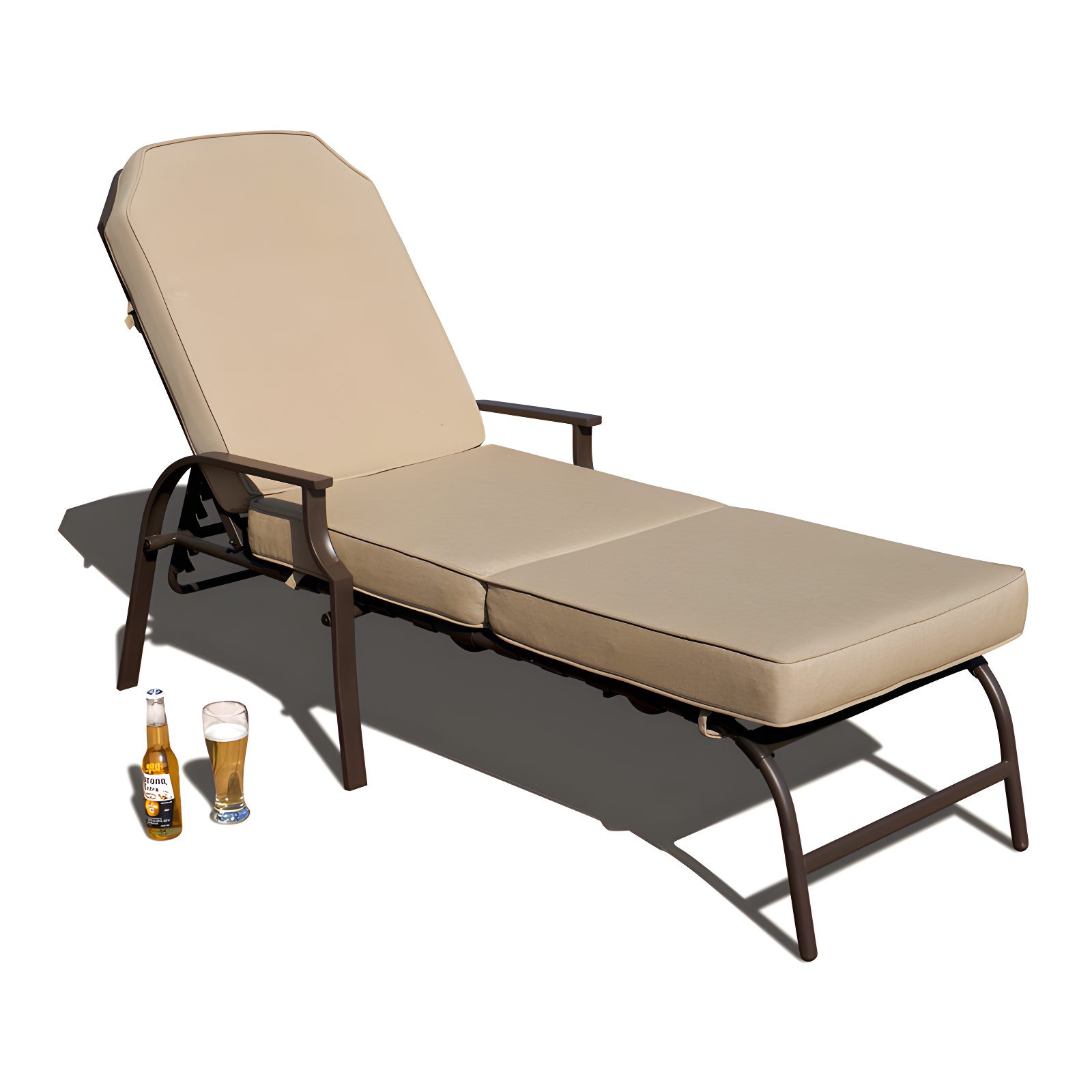 Beige Steel Outdoor Chaise Lounge with Cushions