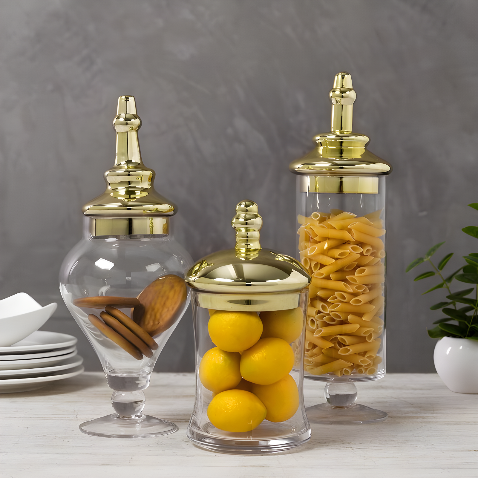 Clear Glass Apothecary Jars with Brass Lids, Set of 3