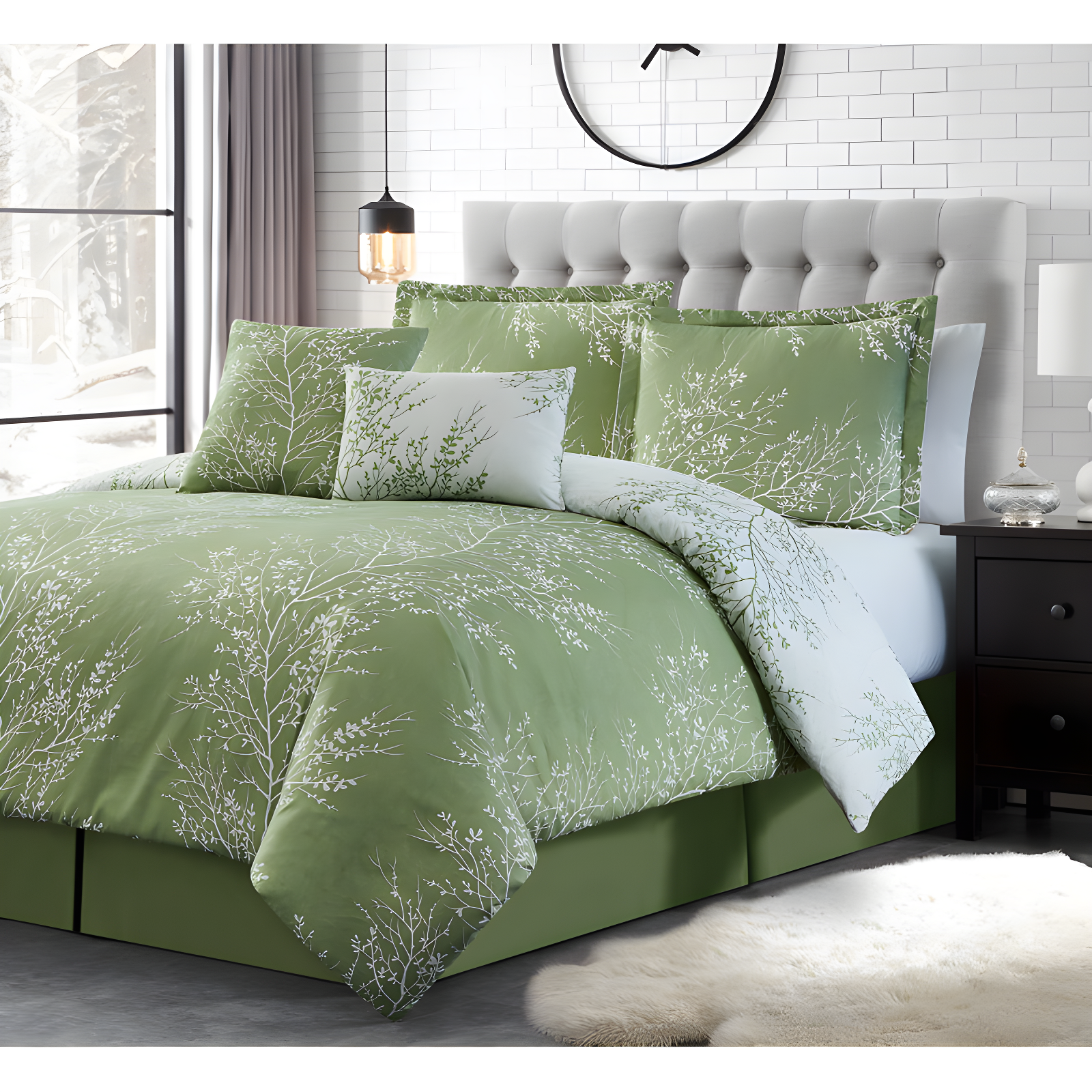 Sage and White Foliage Microfiber Twin Comforter Set