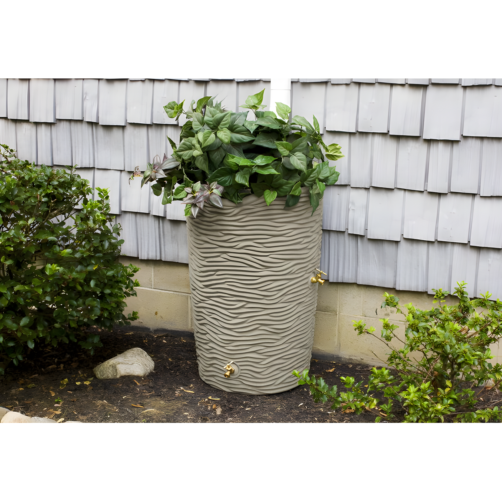 Sandstone 50-Gallon Plastic Planter Rain Barrel with Spigots