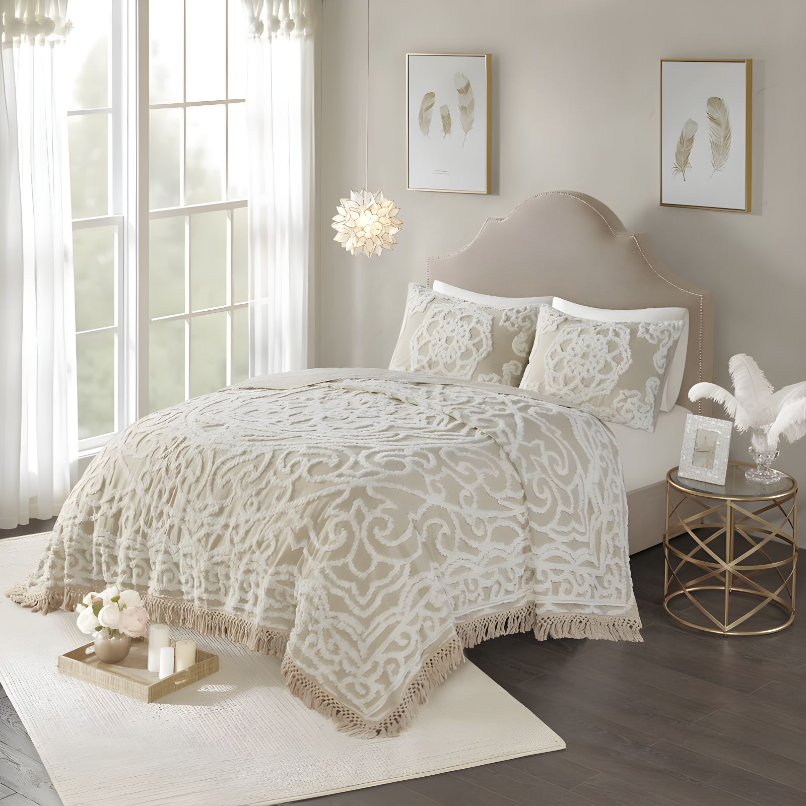 Full Beige Cotton Reversible Tufted Chenille Coverlet Set